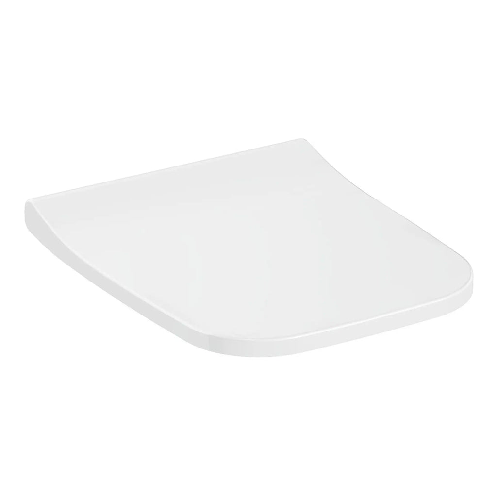 White modern toilet seat with soft-close lid, suitable for contemporary bathroom design and durable ceramic finish.