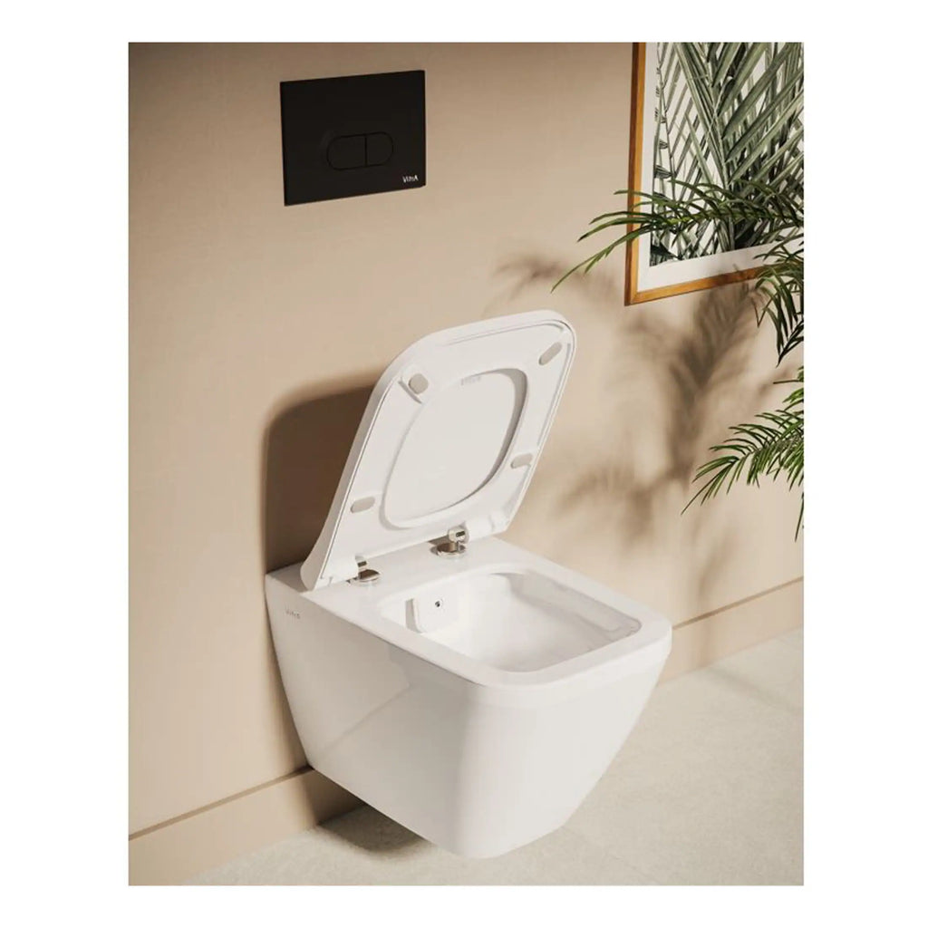 Modern white wall-mounted toilet with soft-close lid in a stylish bathroom setting, featuring beige walls, a flush panel, and decorative plants for a contemporary bathroom design.