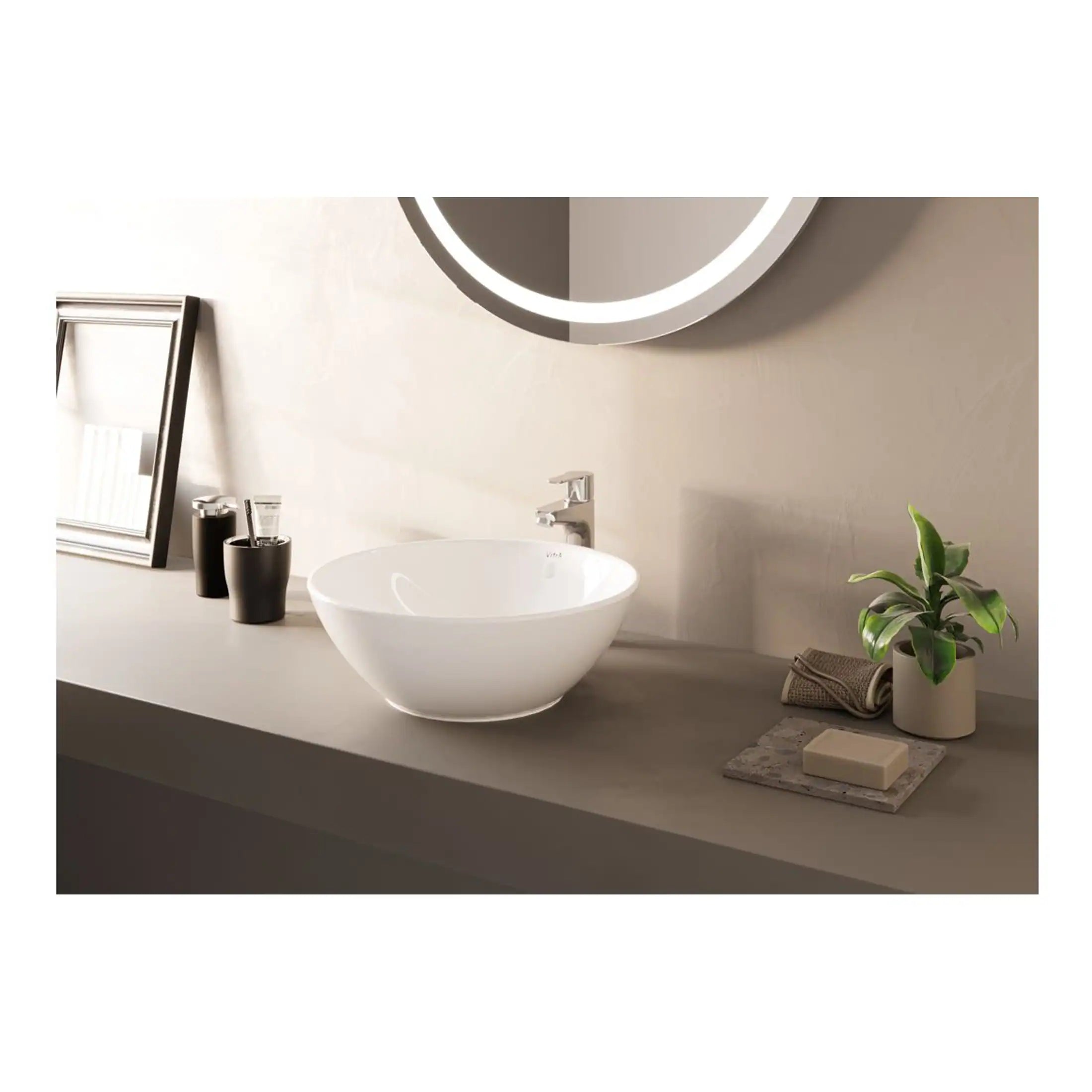 Sleek white bathroom sink with modern faucet, minimalist decor including mirror and potted plant, in a contemporary bathroom setting showcasing stylish, functional bathroom design for a luxurious feel.
