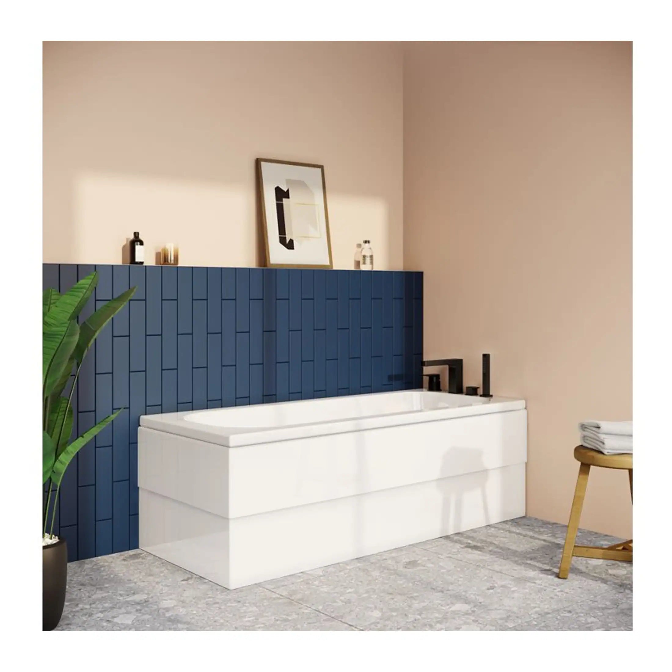 Elegant modern bathtub with black fixtures in a contemporary bathroom design with navy blue and beige decor. Perfect for luxury bathroom remodels and relaxation spaces.