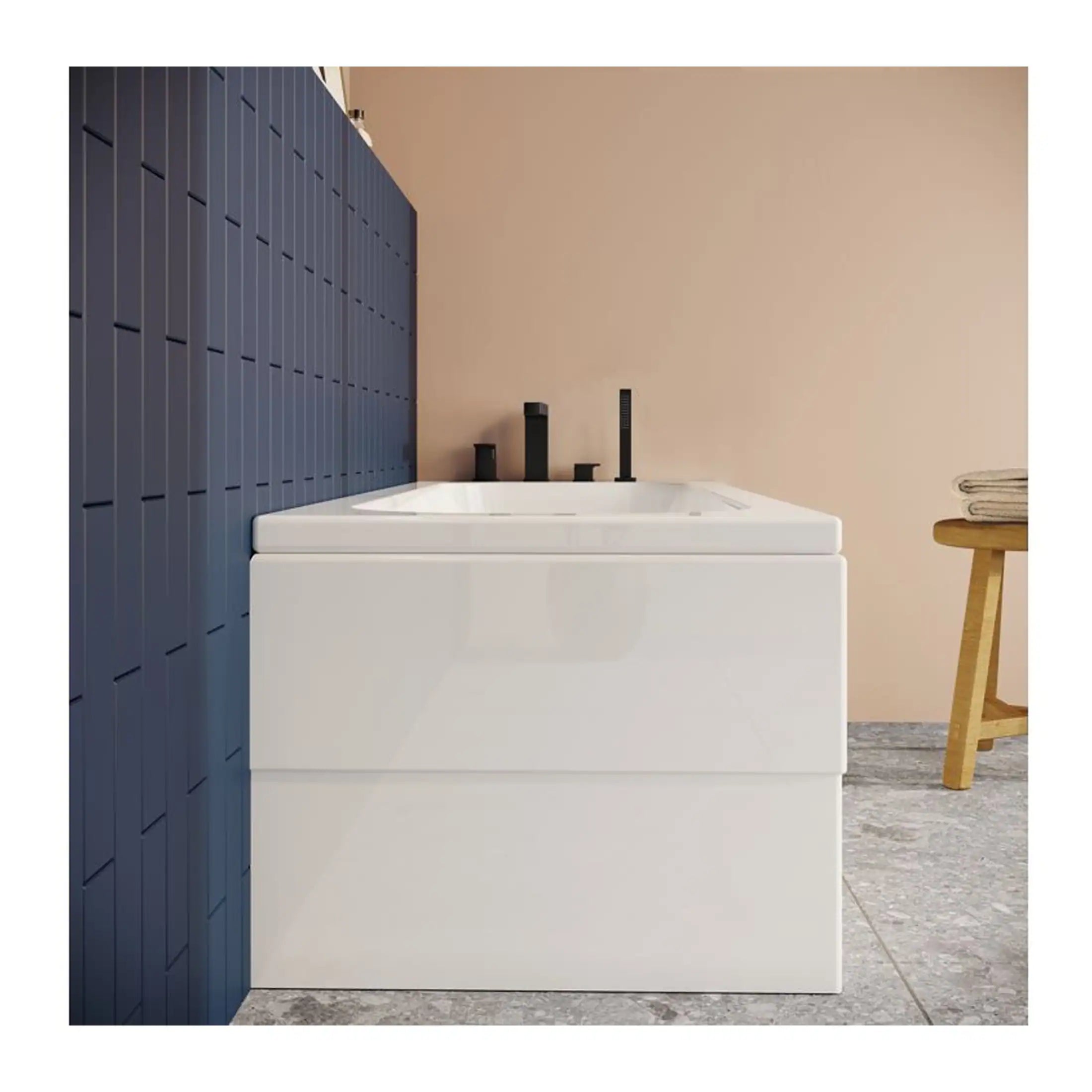 Sleek modern freestanding bathtub with matte black fixtures in a contemporary bathroom setting, featuring a stylish blue wooden accent wall and minimalist decor.
