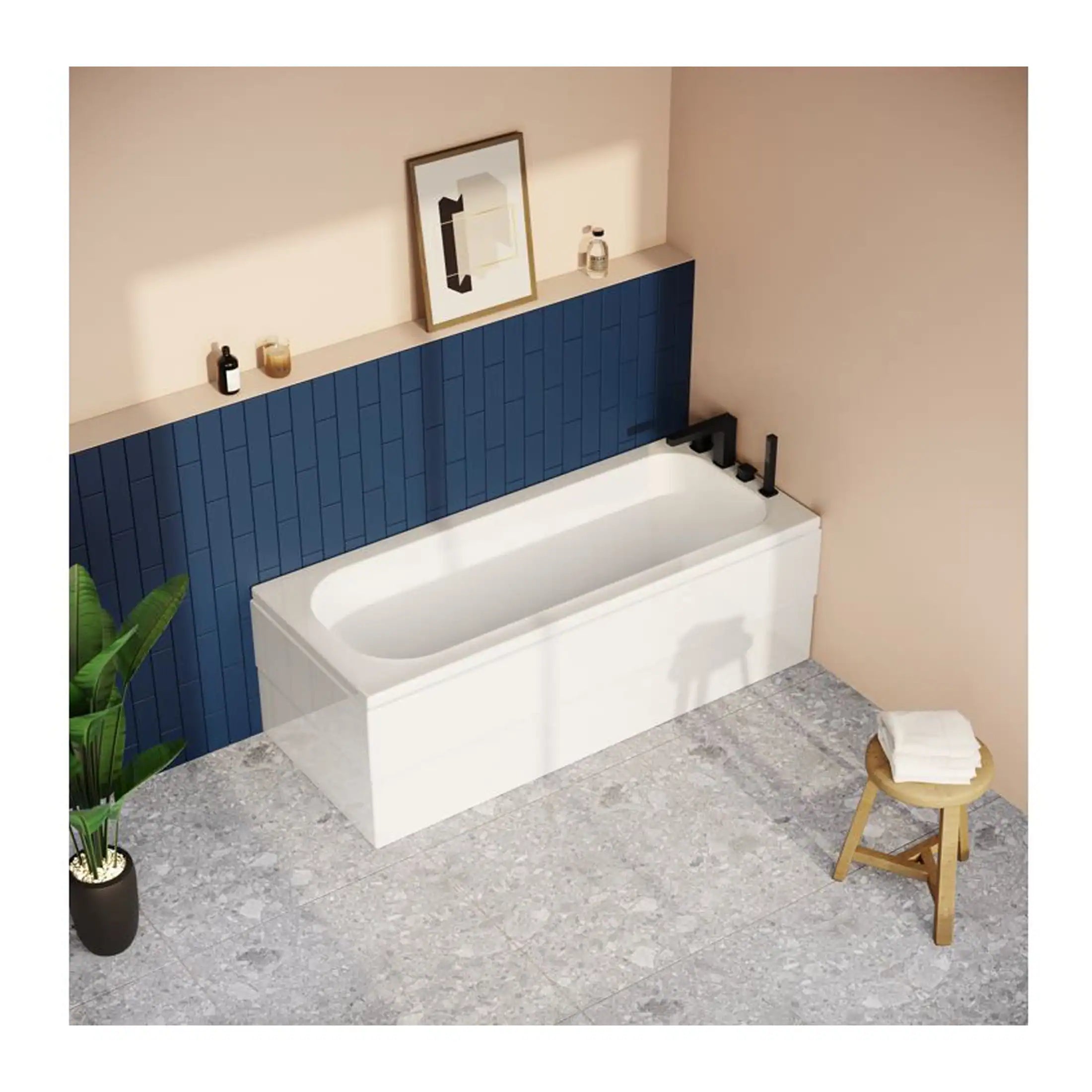 Modern freestanding bathtub with sleek black fixtures and blue tiled wall in contemporary bathroom setting.