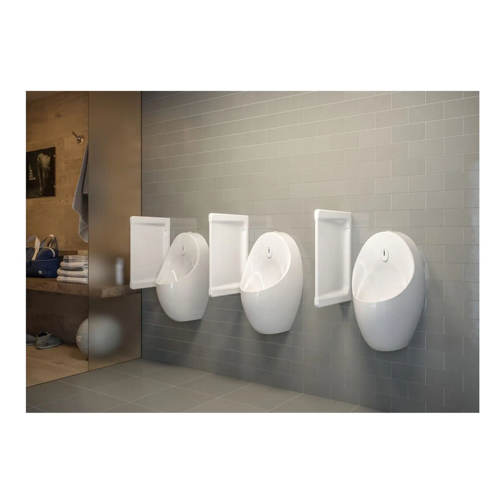 Elegant white ceramic urinals with crisp rectangular privacy dividers in modern bathroom setting, showcasing sleek design and hygienic features for commercial or public Restroom spaces.