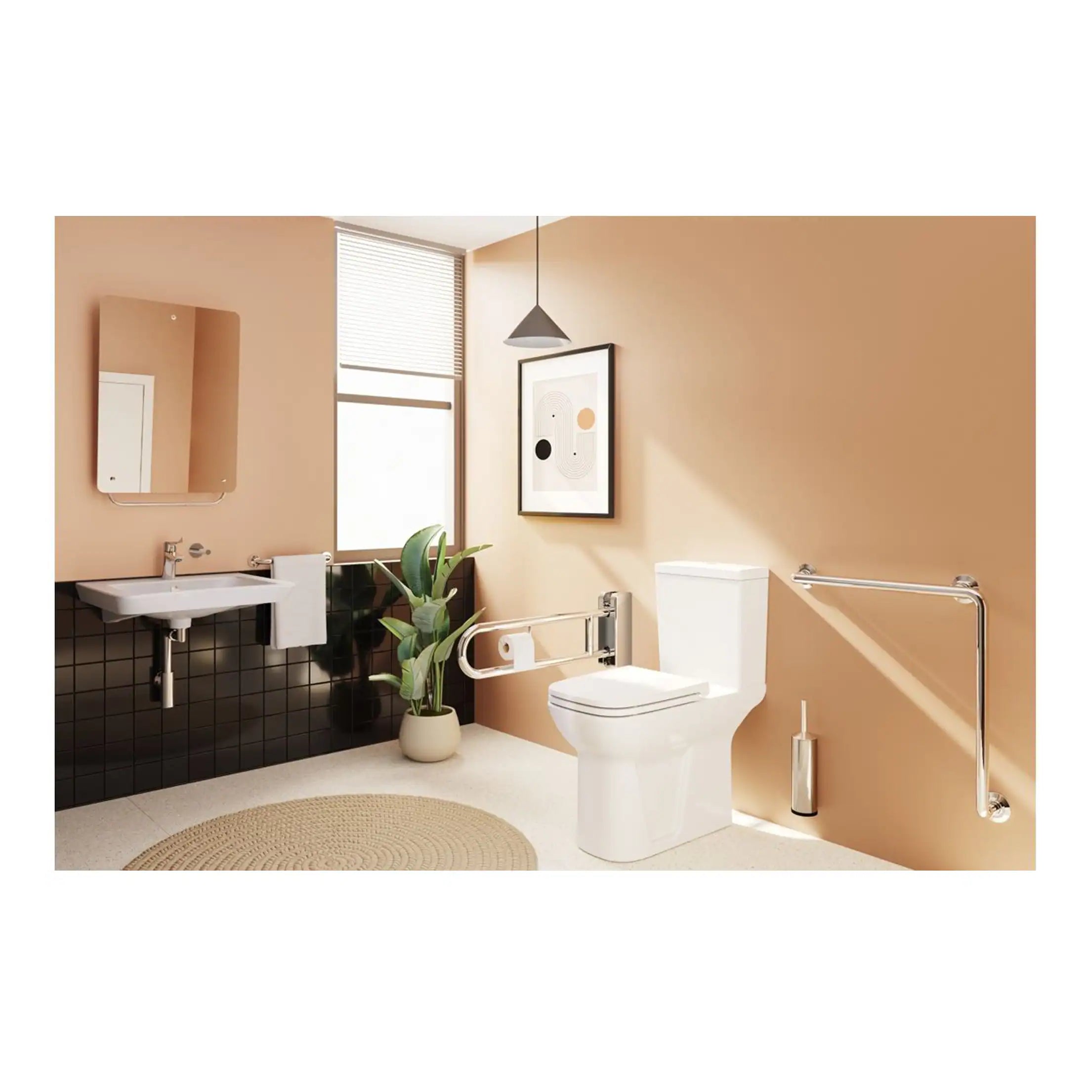 Accessible bathroom with modern fixtures, grab rails, and natural lighting, designed for ease of use and comfort. Features a toilet, sink, ample space, and stylish decor for a functional yet inviting space.