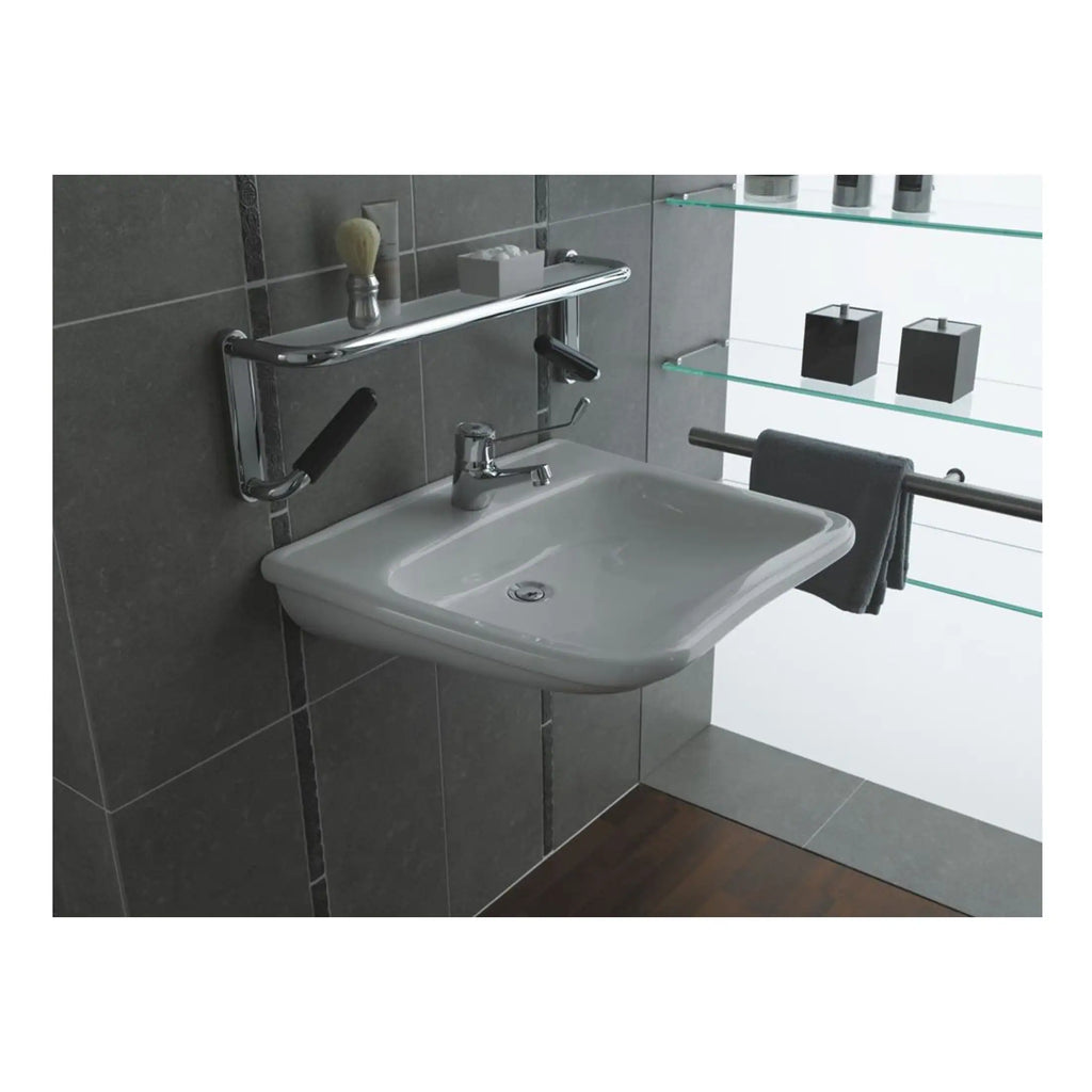 Seating accessibility aids for bathroom sinks with grab bars and comfortable towel holder, designed for safe and convenient washing experience in modern bathroom settings.