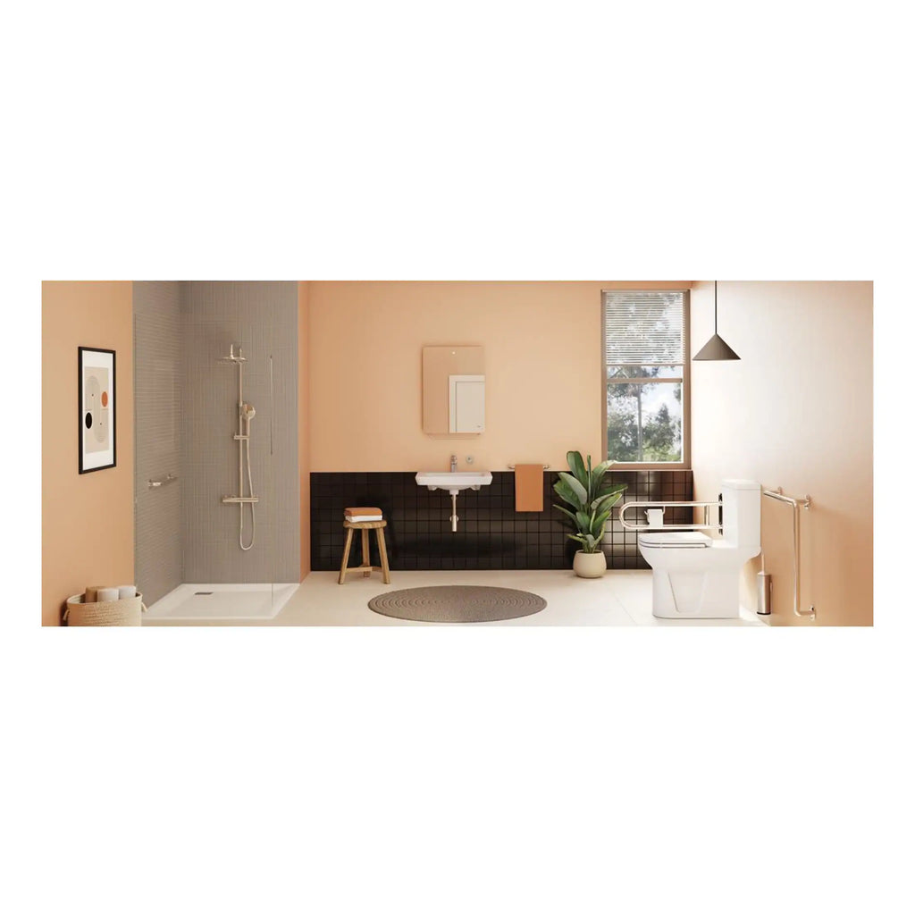 Modern accessible bathroom with walk-in shower, toilet with safety rails, and stylish decor, featuring functional design elements and natural light, perfect for comfortable everyday use.