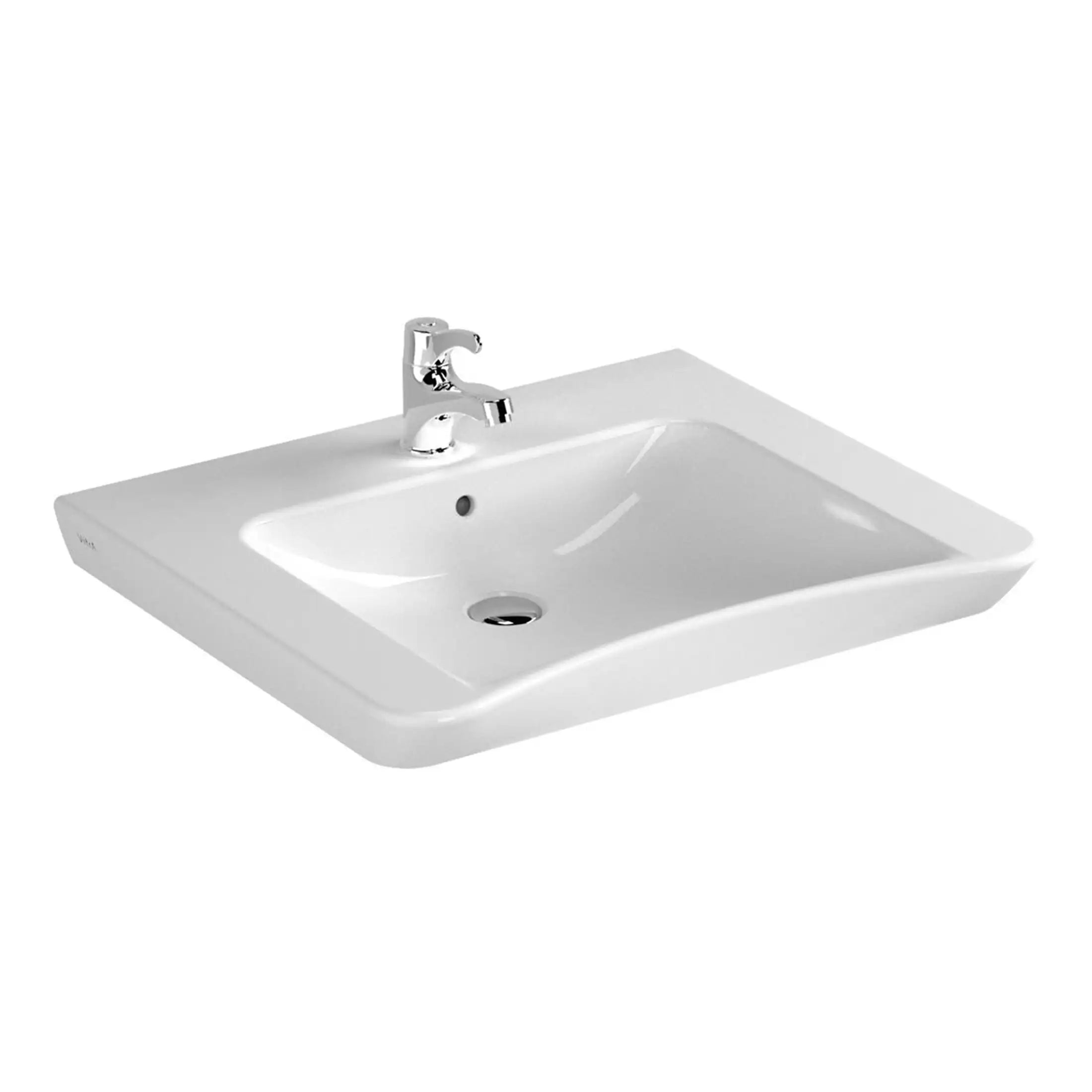 Sleek white bathroom sink with chrome tap and integrated basin, ideal for modern bathroom decor and plumbing fixtures. Compact design perfect for saving space and enhancing style.