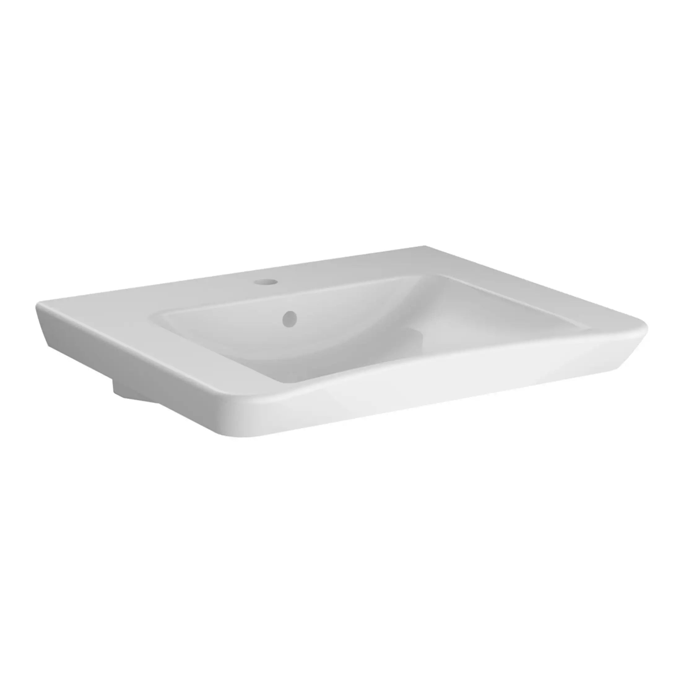 White ceramic bathroom sink with integrated overflow and modern design, ideal for contemporary ensuite or guest bathrooms. Features clean lines and durable glazing for long-lasting use in stylish bathrooms.