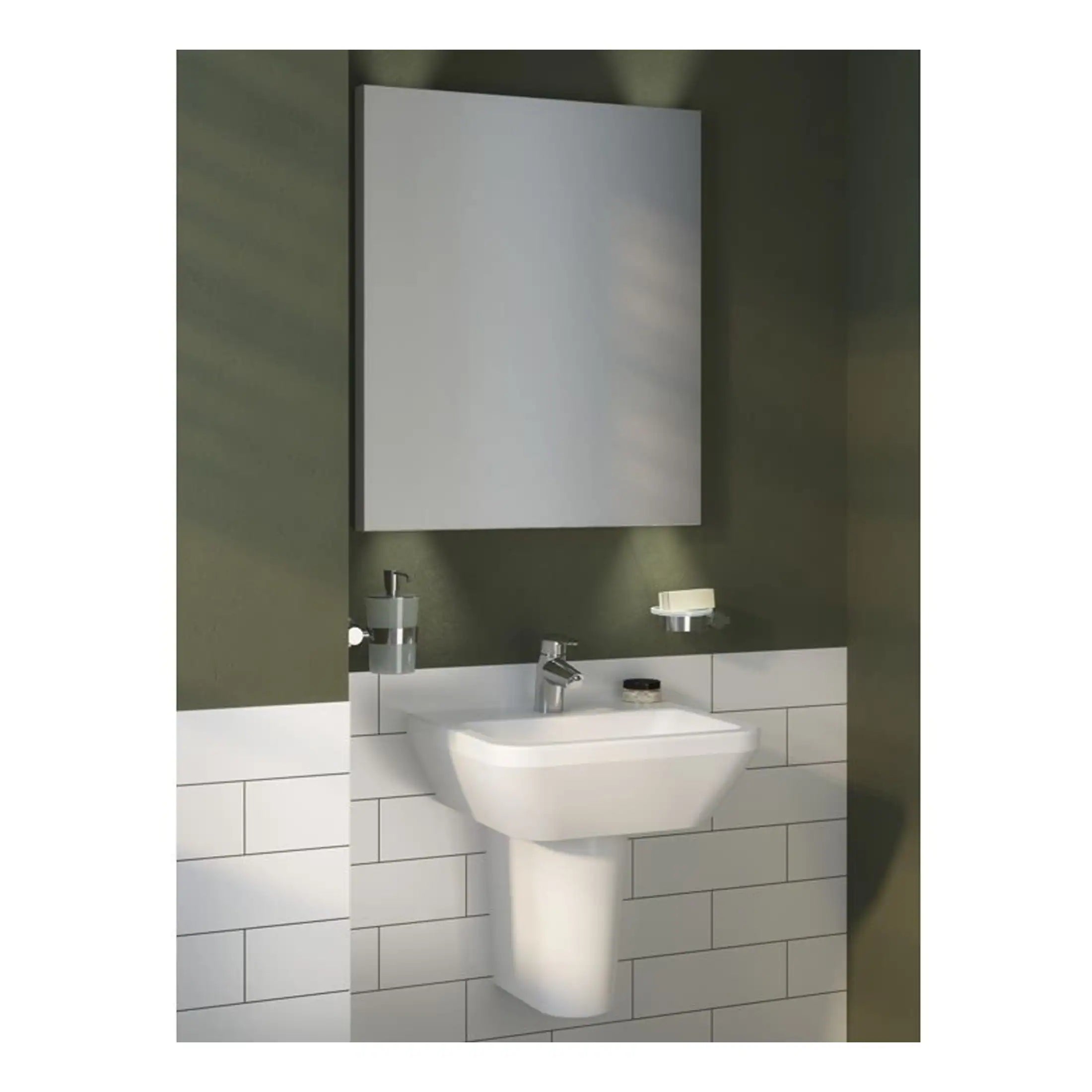 Wall-mounted bathroom sink with a mirror and accessories, modern bathroom vanity, ideal for compact spaces and stylish bathroom makeovers.