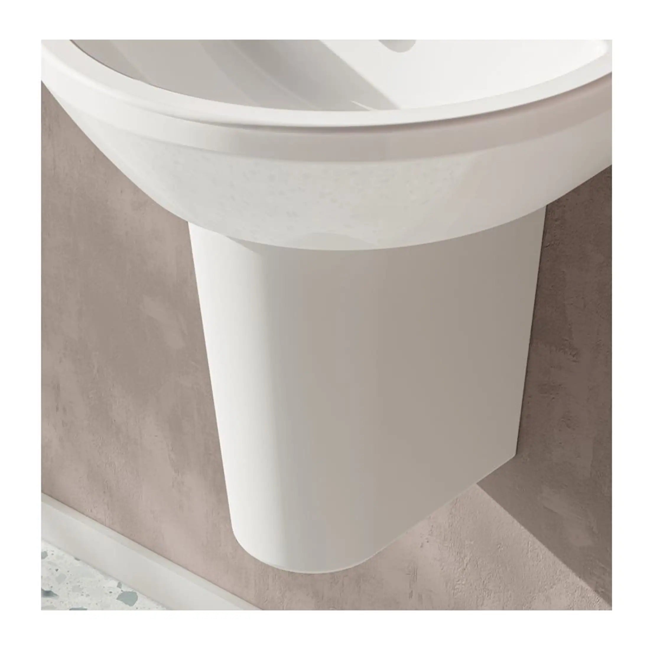 Sleek white bathroom basin with modern minimalist design, mounted on a smooth wall, ideal for contemporary bathroom interiors focusing on clean lines and space efficiency.