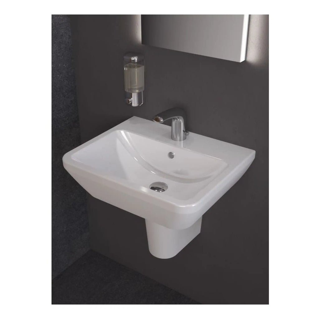 Wall-mounted white ceramic bathroom sink with sleek chrome tap, accompanied by a wall-mounted soap dispenser, in a modern bathroom setting.