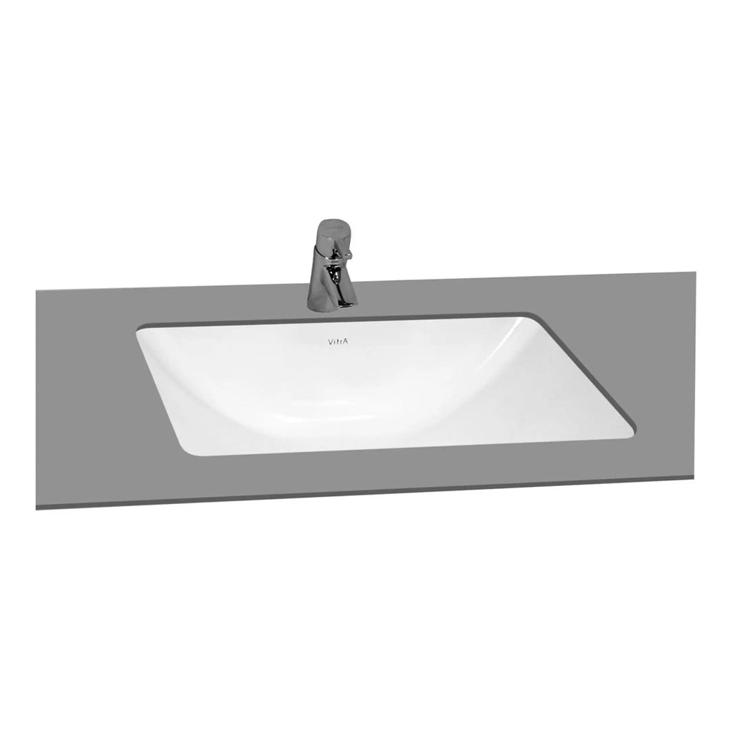 Modern rectangular white bathroom sink with chrome tap on grey countertop, designed for contemporary bathrooms. Perfect for stylish bathroom refurbishments by Bubly Bathrooms.