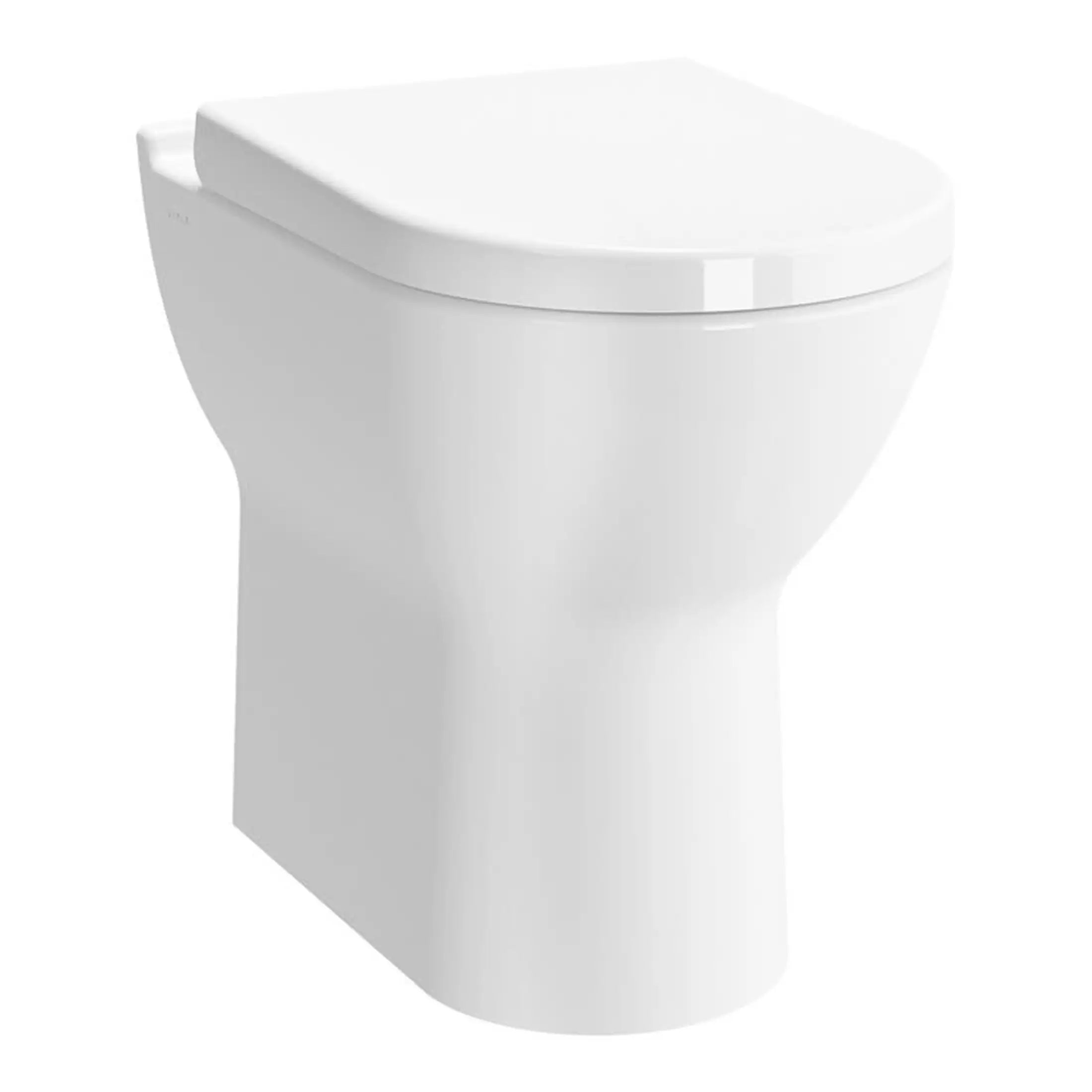 Sleek modern white toilet with a closed lid, designed for contemporary bathroom spaces, providing comfort and efficient flushing. Ideal for clean and stylish bathroom interiors.