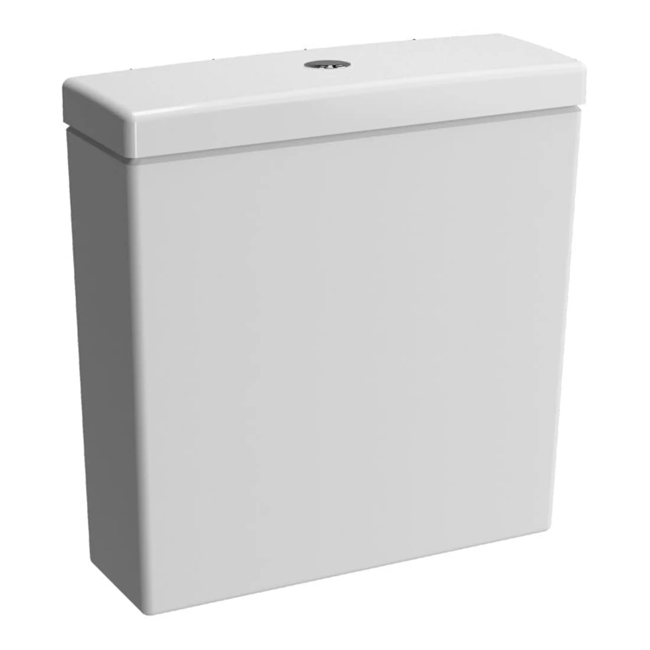 White bathroom toilet cistern with dual flush mechanism for modern bathroom designs.