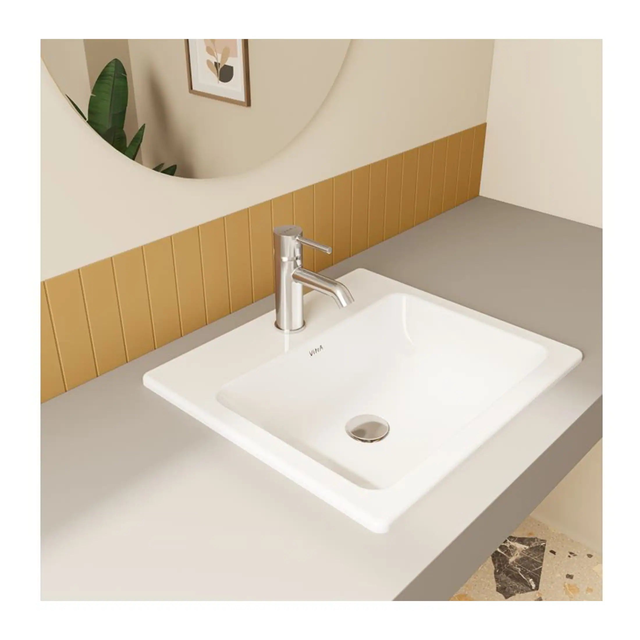Modern white bathroom sink with a sleek chrome tap, installed against a beige wall with wooden paneling and a round mirror, showcasing contemporary bathroom fixtures and stylish design.