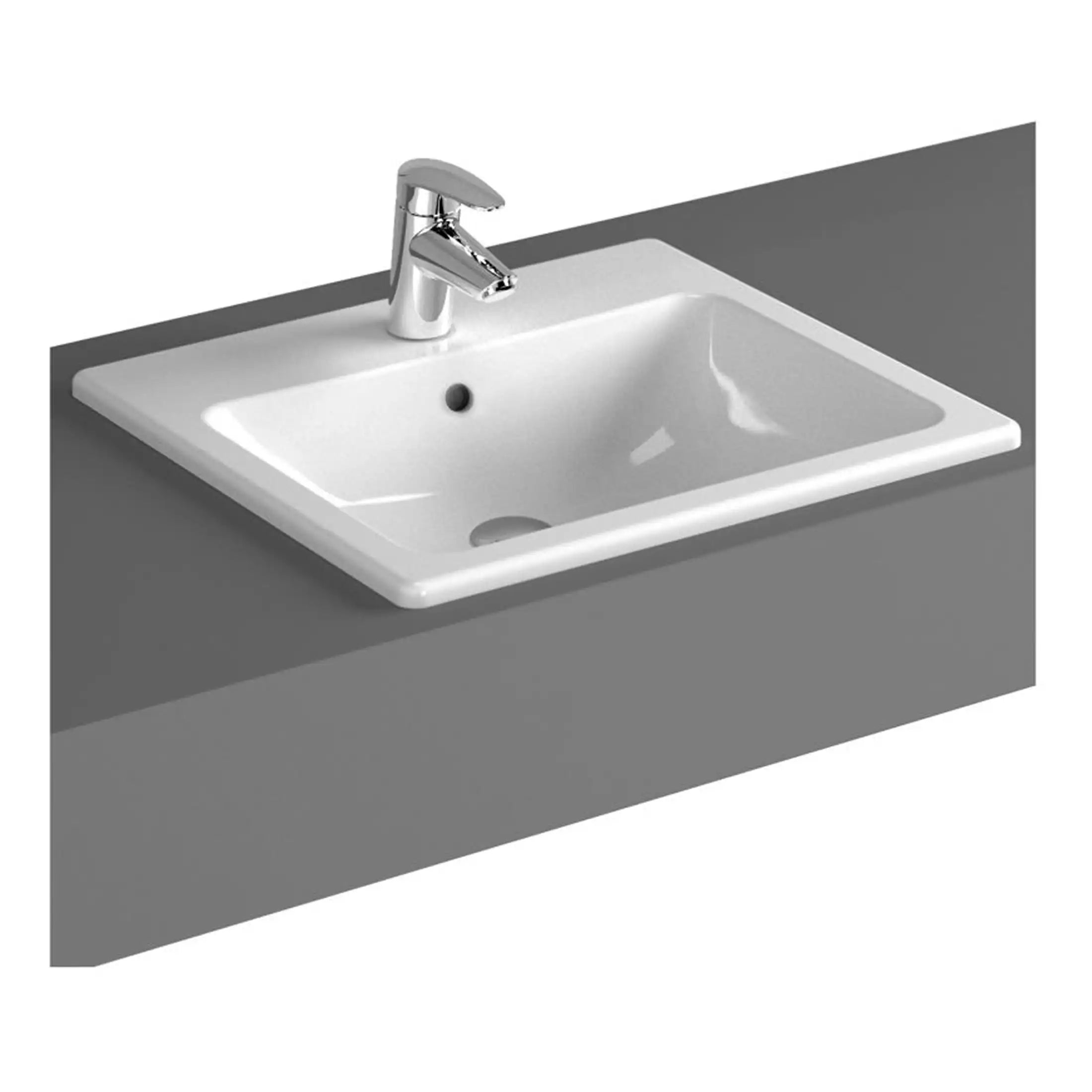 Shallow white bathroom sink with chrome faucet mounted on a grey countertop, ideal for modern bathroom design. Suitable for commercial and residential spaces, offering a sleek, minimalist aesthetic.