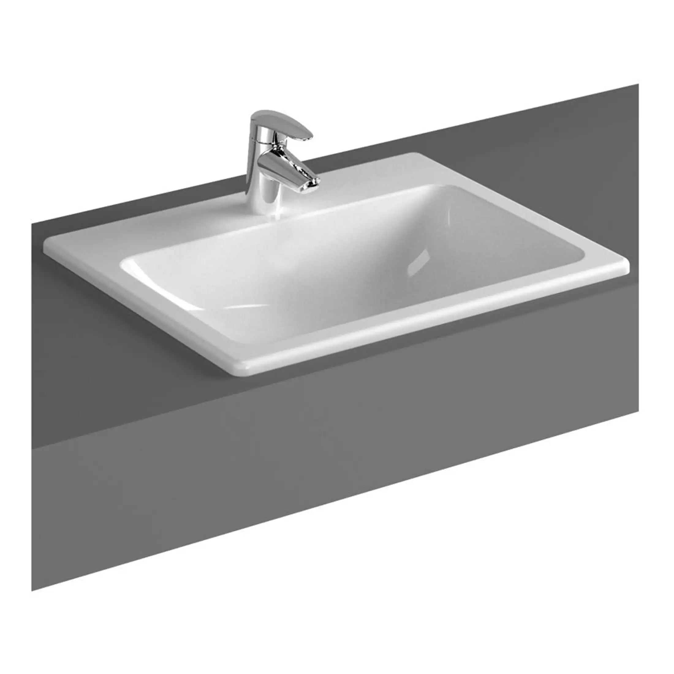 Contemporary white bathroom sink with chrome faucet on grey countertop, ideal for modern bathroom design, featuring sleek and durable ceramic material.