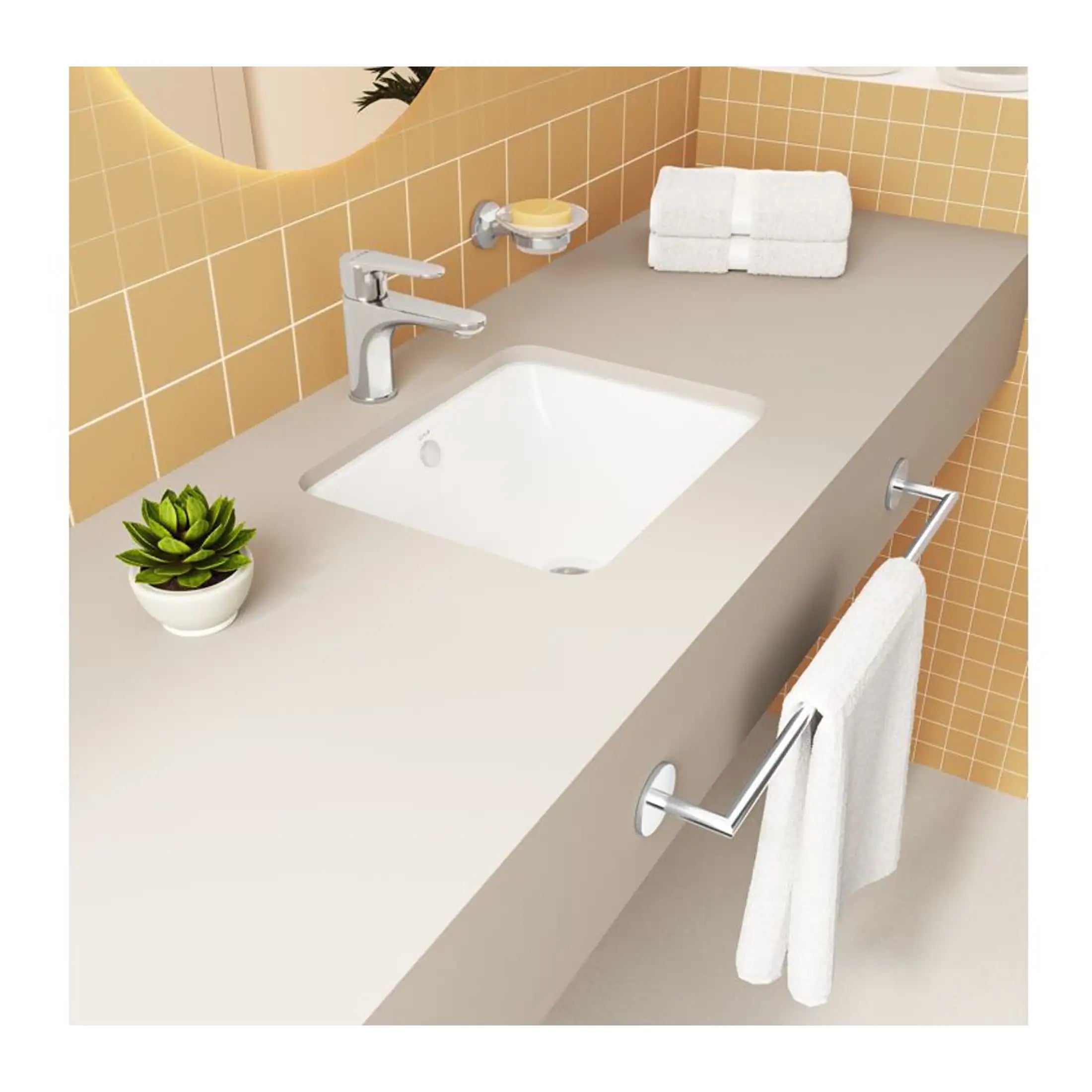 Shower wash basin with modern chrome tap, white towel on a rail, beige countertop, yellow tiled wall, and decorative plant for stylish bathroom decor.