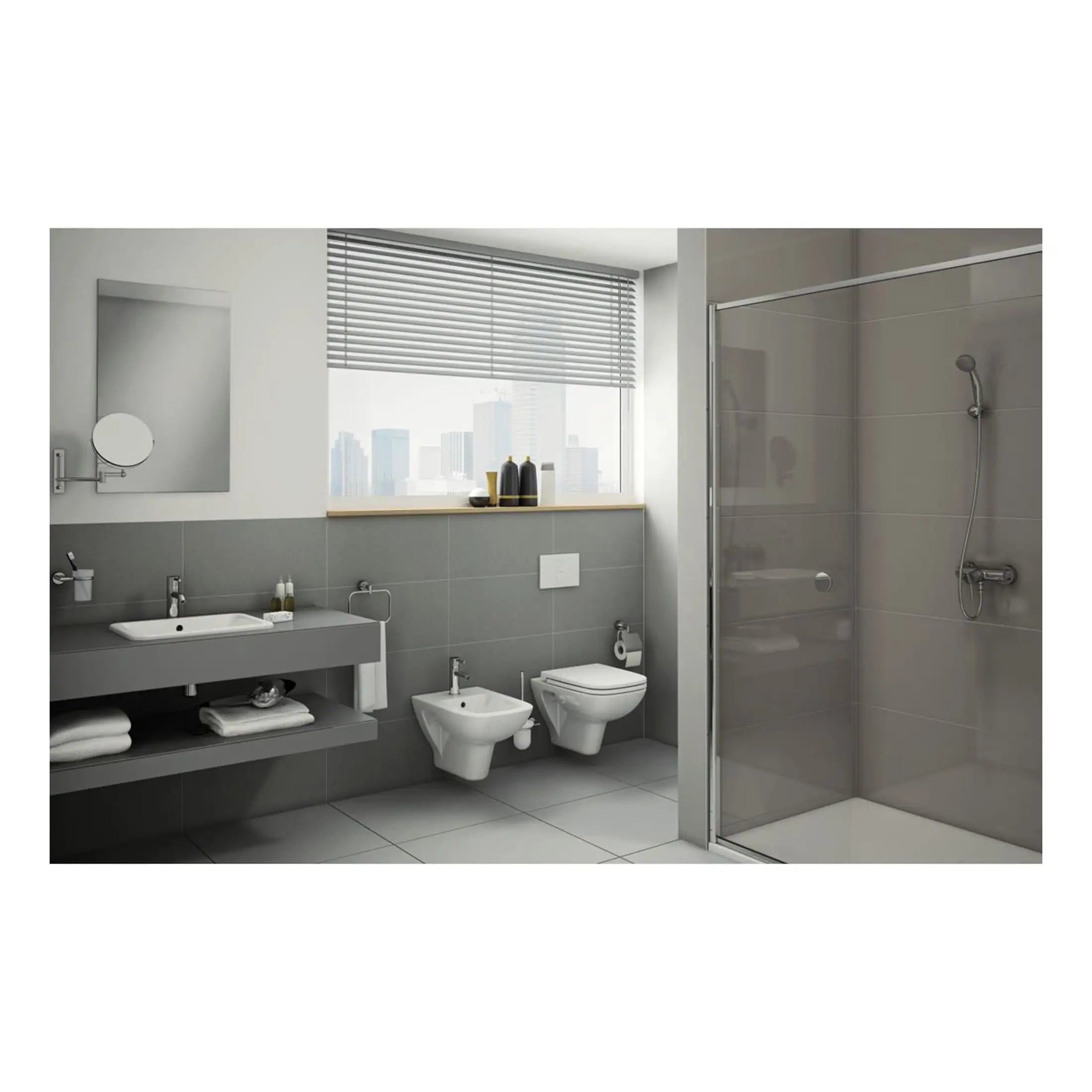 Modern grey bathroom with walk-in shower, wall-mounted toilet, bidet, sleek vanity with basin, and large window with city view, featuring contemporary design and bathroom fixtures.