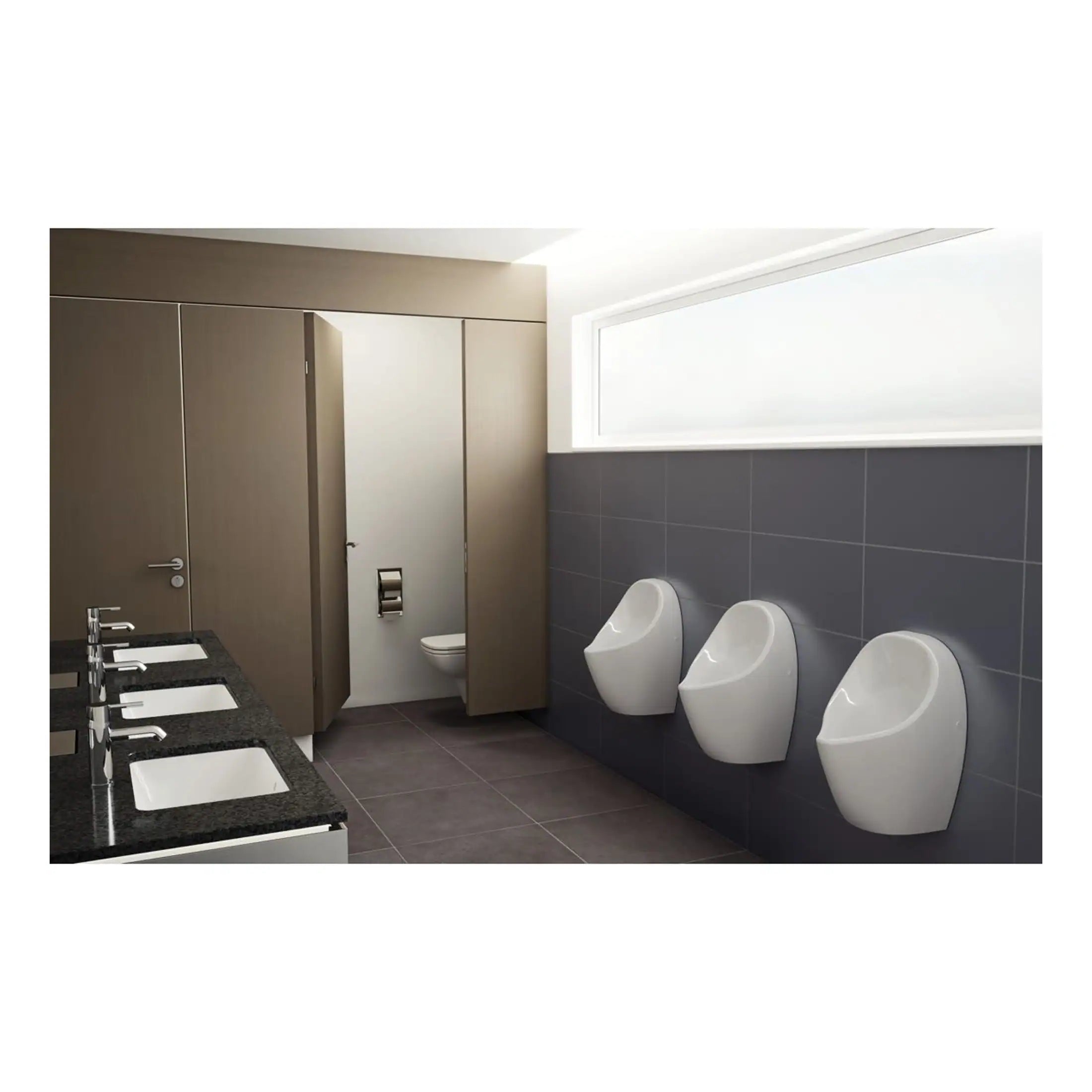 Modern commercial bathroom with three white urinals, grey tiled walls, dark grey flooring, and double sinks with black countertops, designed for functionality and hygiene.