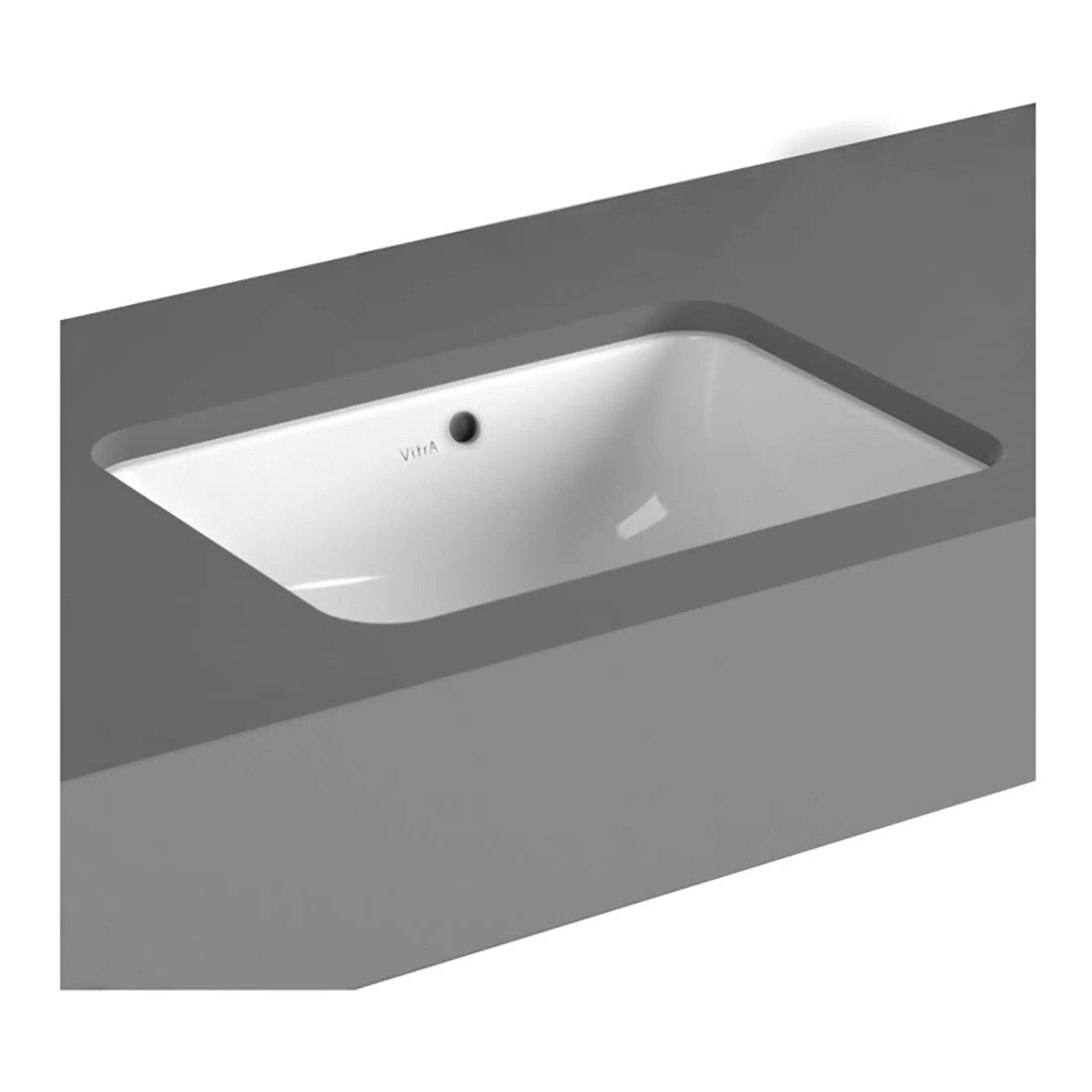 Vitra bathroom sink installed in a modern grey bathroom countertop, featuring a sleek, rectangular design with a black drain and minimalist style.