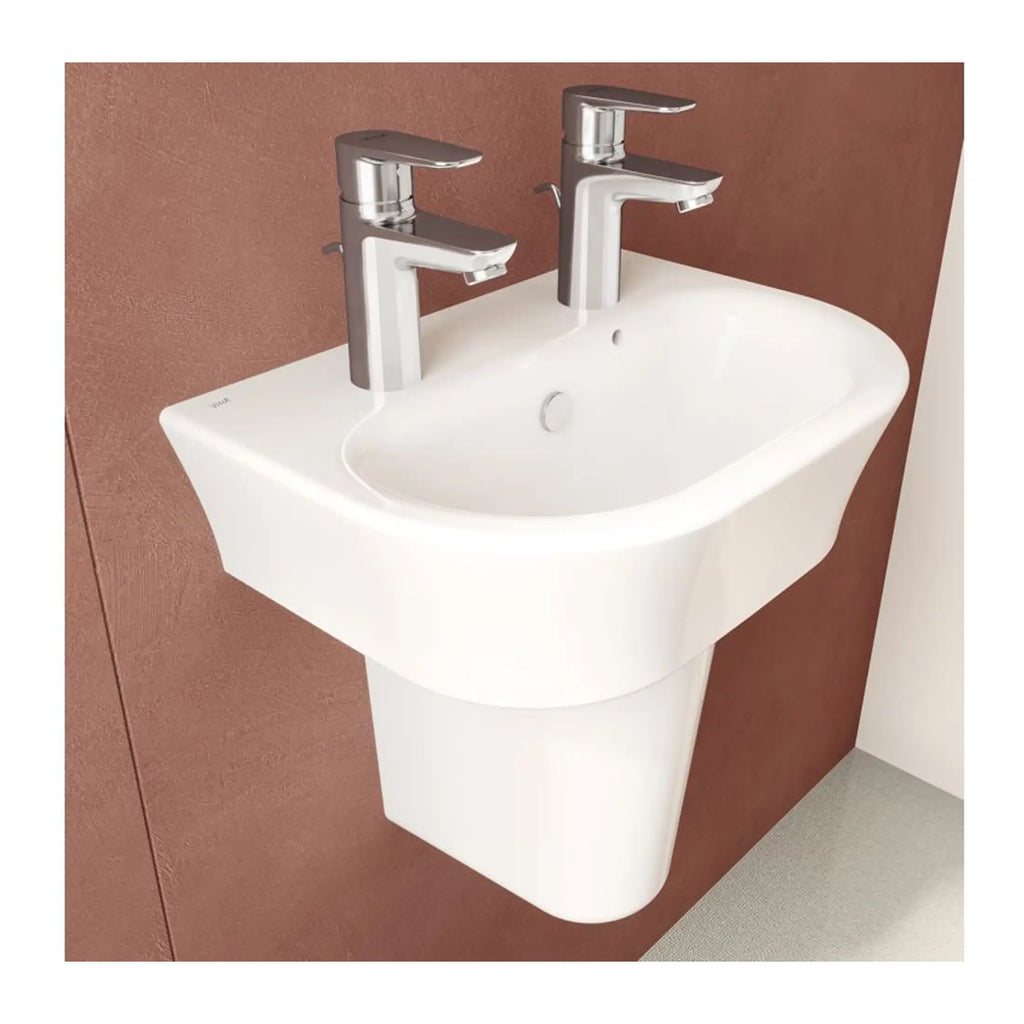 Modern white dual bathroom sink with chrome faucets, wall-mounted design, ideal for contemporary bathrooms. Perfect for dual users, combining functionality with sleek aesthetics.