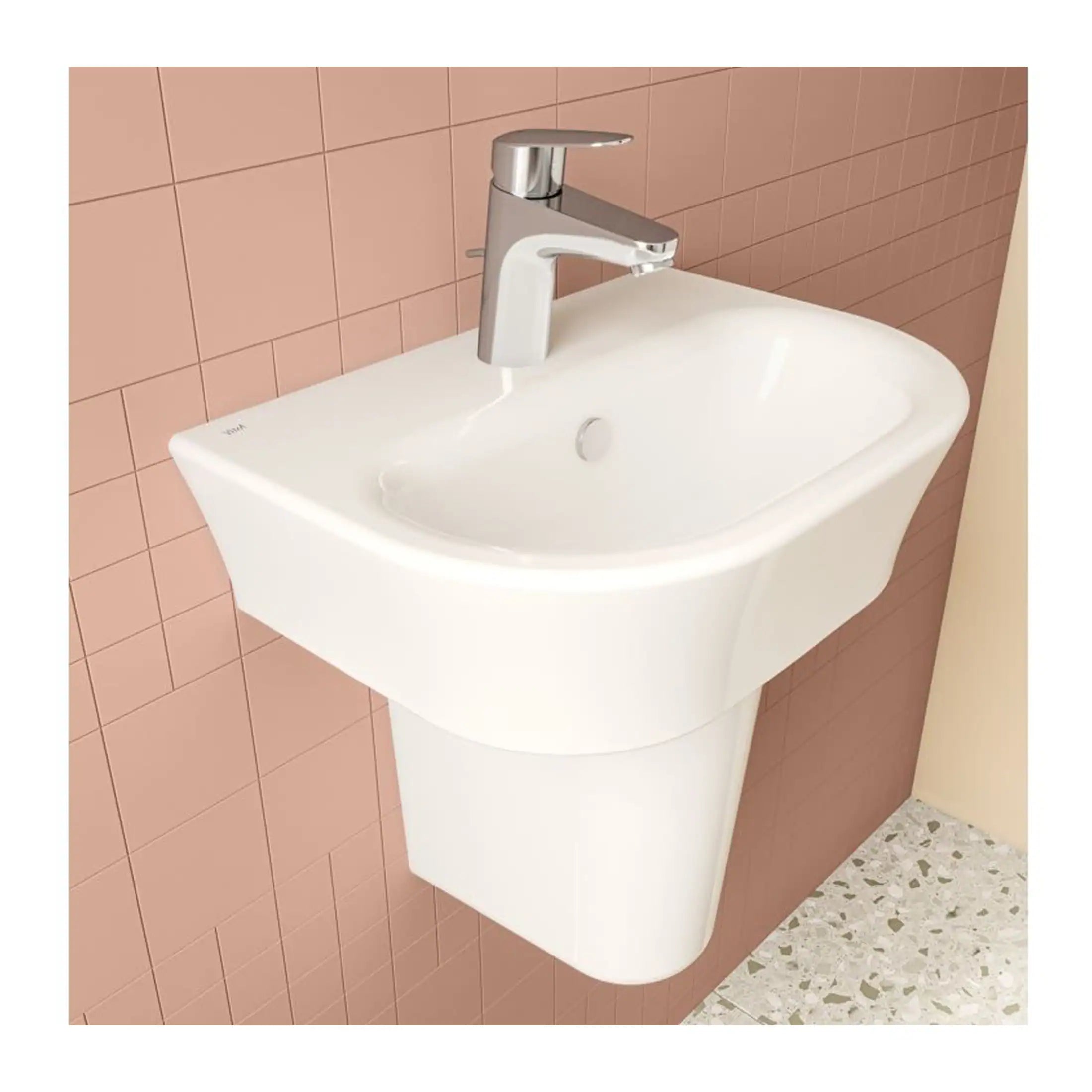 Sleek white ceramic wall-mounted bathroom sink with modern chrome faucet, ideal for compact and stylish bathroom spaces. Perfect for contemporary bathroom designs with high-quality features.
