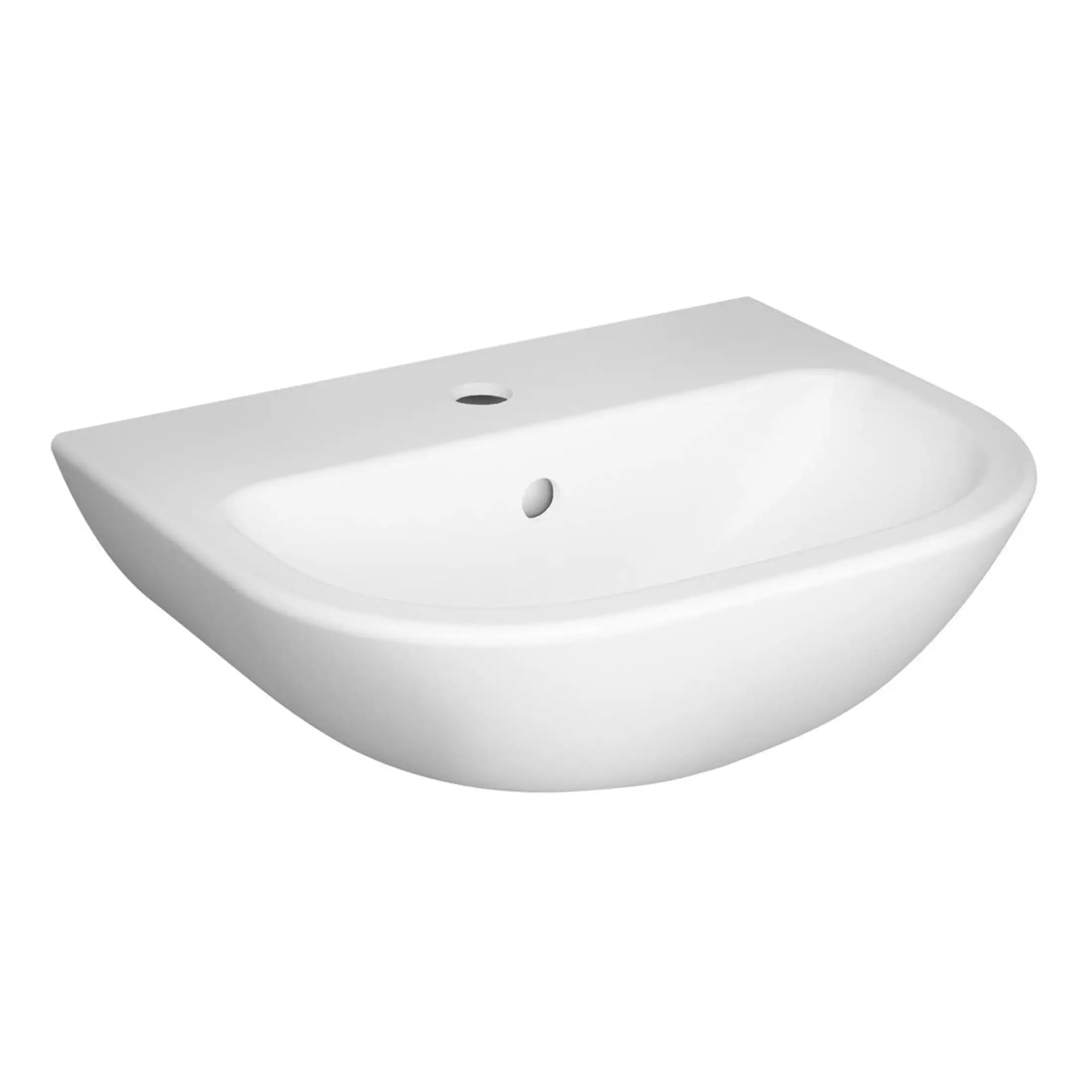 SBS-2020-BB, modern white ceramic bathroom washbasin with sleek curved design, suitable for contemporary bathroom decor, featuring pre-drilled faucet holes and an integrated overflow system for efficient water drainage.
