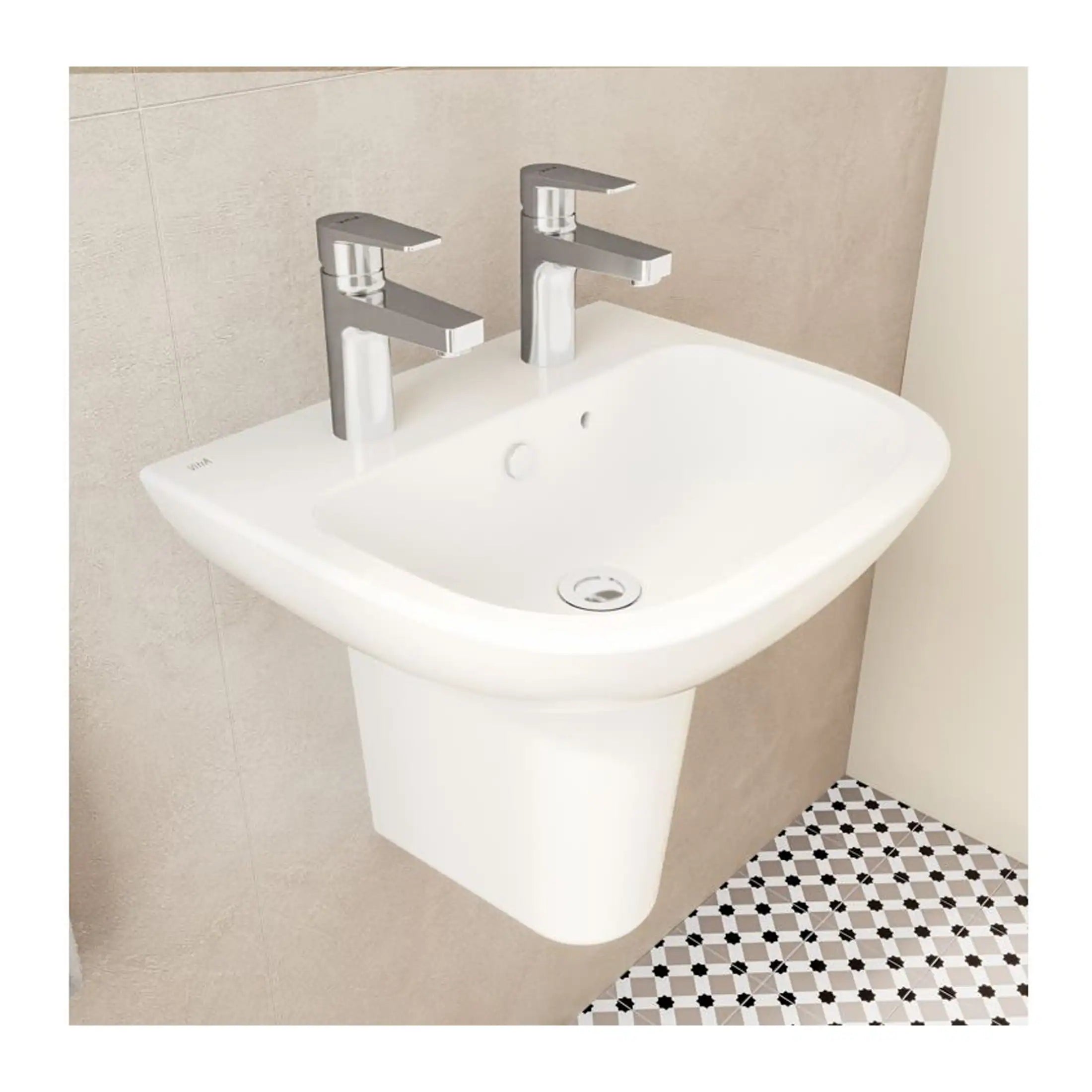 Modern white bathroom sink with twin chrome taps, wall-mounted basin in contemporary bathroom setting, featuring clean design and functional style.