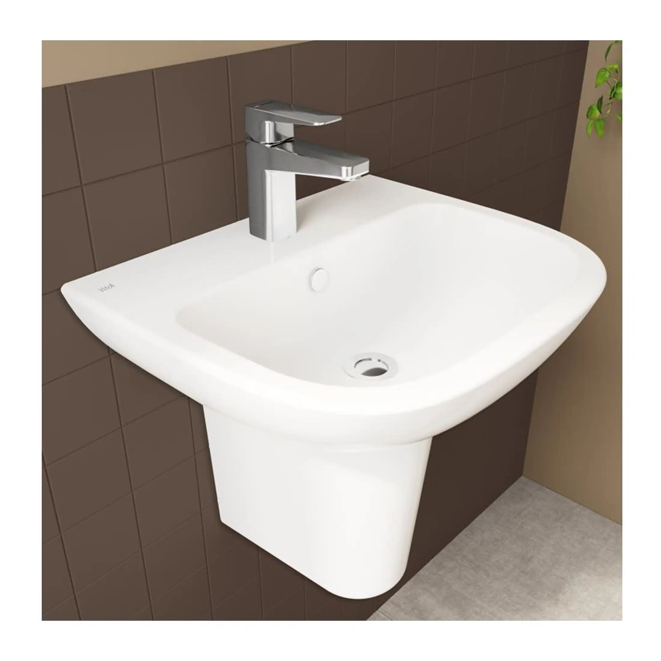 Sleek white bathroom sink with modern chrome faucet against a tiled wall, ideal for contemporary bathroom renovation projects.
