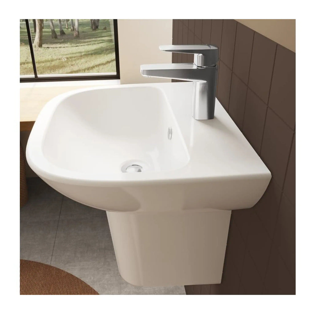 Sleek white bathroom sink with modern chrome faucet installed on a wall with brown tiles, near a window overlooking outdoors. Perfect for contemporary bathroom designs, combining functionality and style.