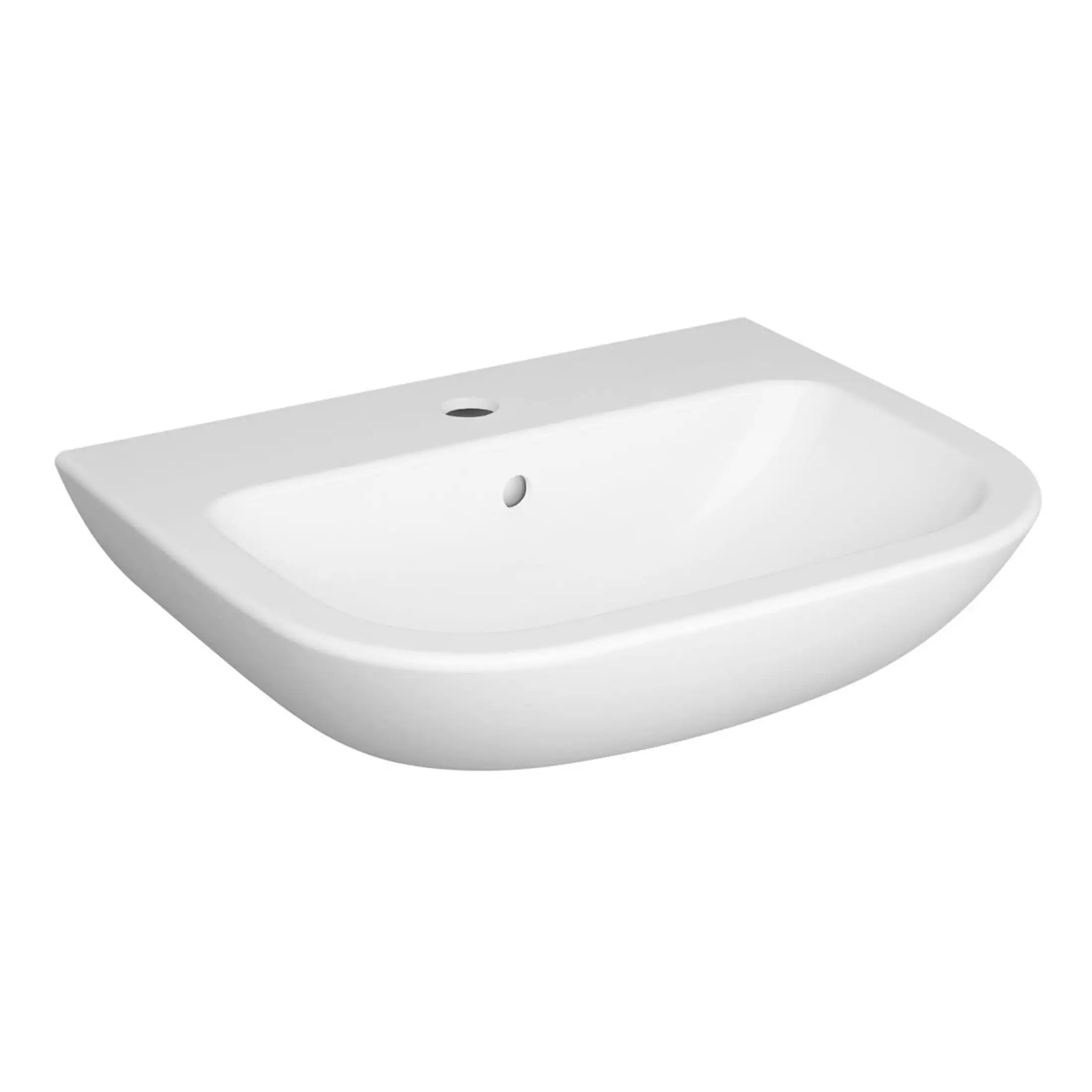 White ceramic bathroom sink with modern, sleek design, including pre-drilled tap and overflow holes for stylish and functional bathroom fixtures.