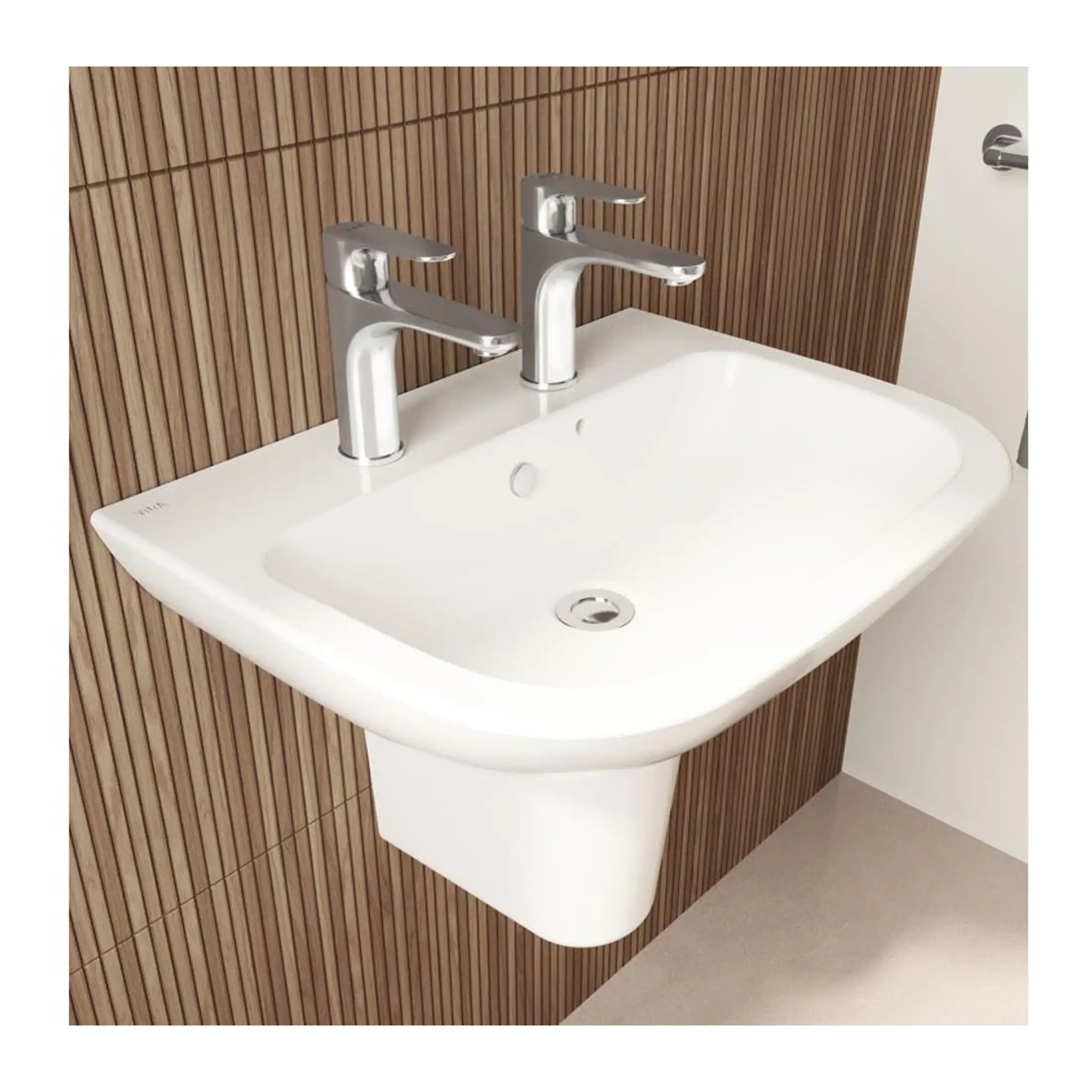 Modern white bathroom sink with dual chrome faucets on a wooden panel wall, ideal for contemporary bathroom design, offering functionality and style.