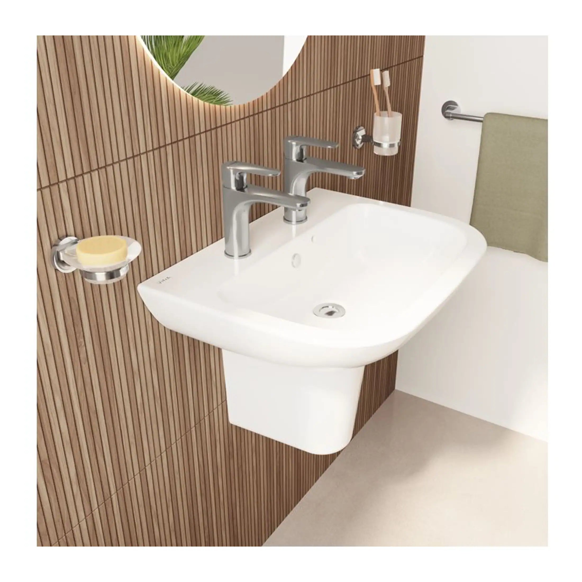 White ceramic bathroom sink with modern chrome dual faucets, mounted on a wall with wooden panel background, includes soap dish, toothbrush holder, and towel rail, modern bathroom design.