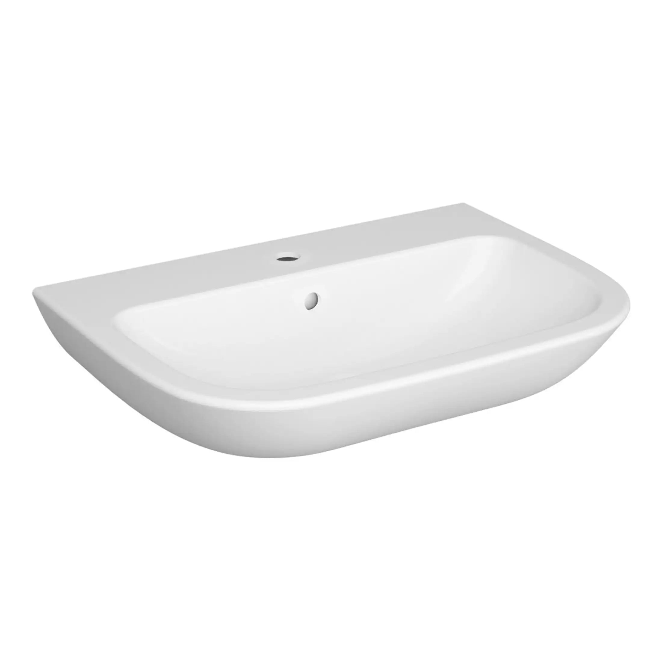Sleek white bathroom wash basin with smooth rounded edges, wall-mounted design, suitable for modern bathrooms and en-suites, featuring integrated overflow and modern ceramic finish.