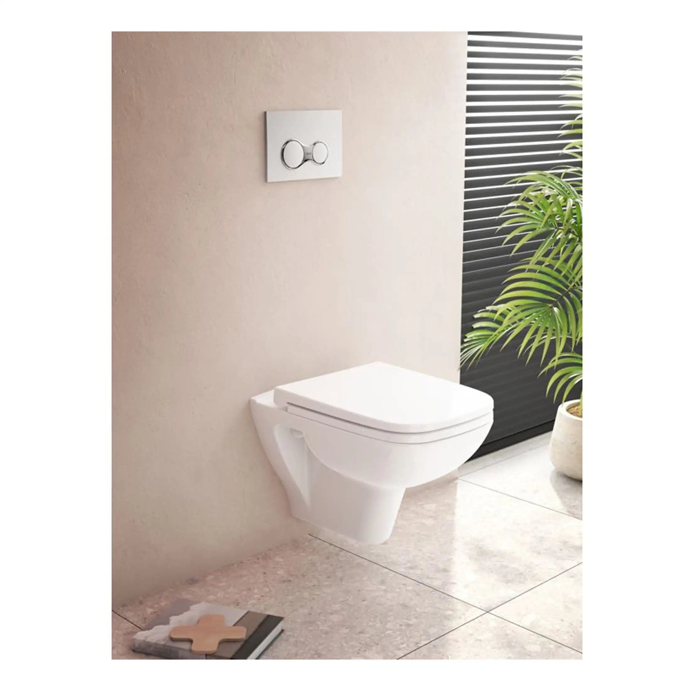 Sleek modern wall-hung toilet with dual-flush actuator, ideal for contemporary bathrooms, enhancing space and cleanliness with stylish design.