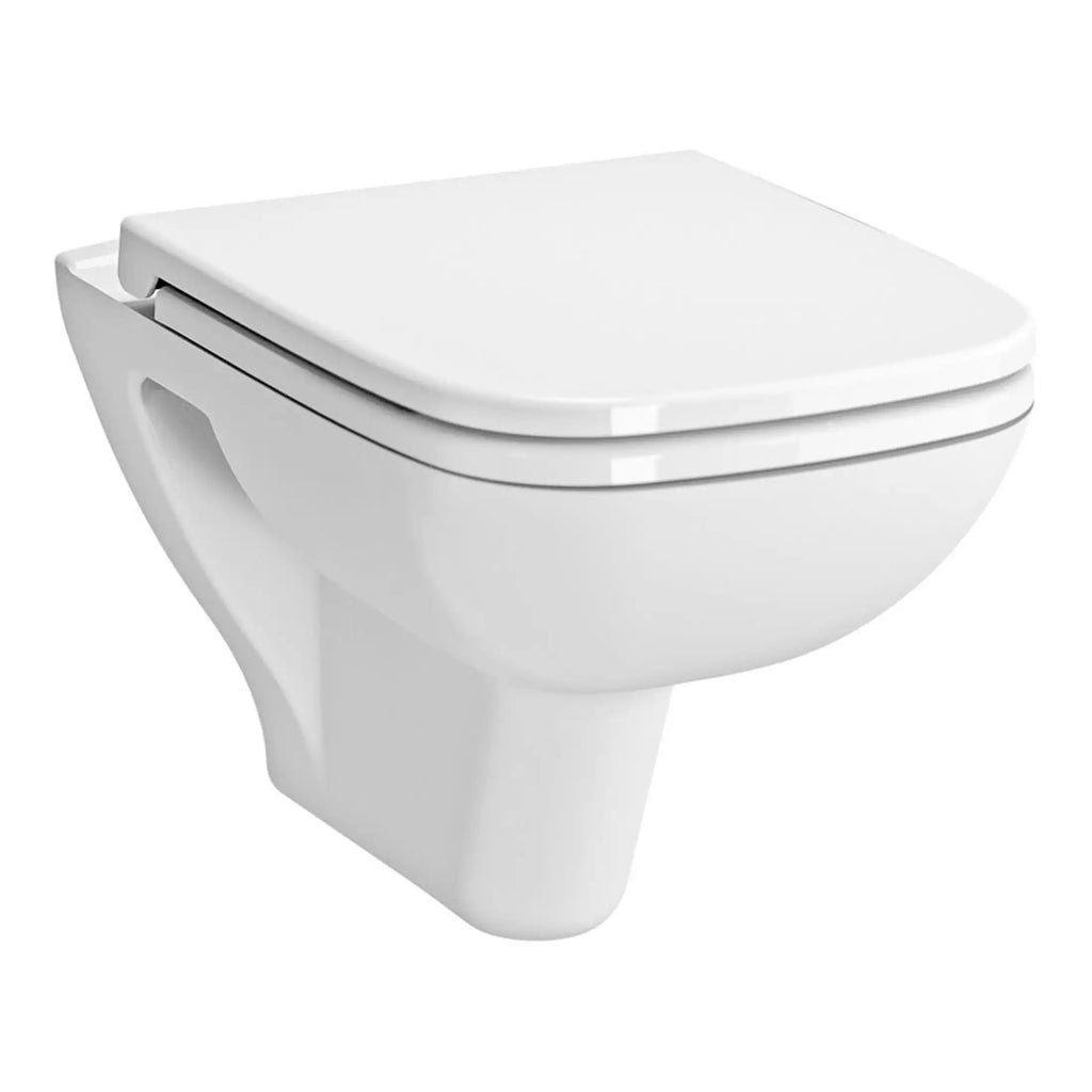 Sleek white modern wall-mounted toilet with soft-close lid, ideal for contemporary bathrooms and space-saving bathroom designs.