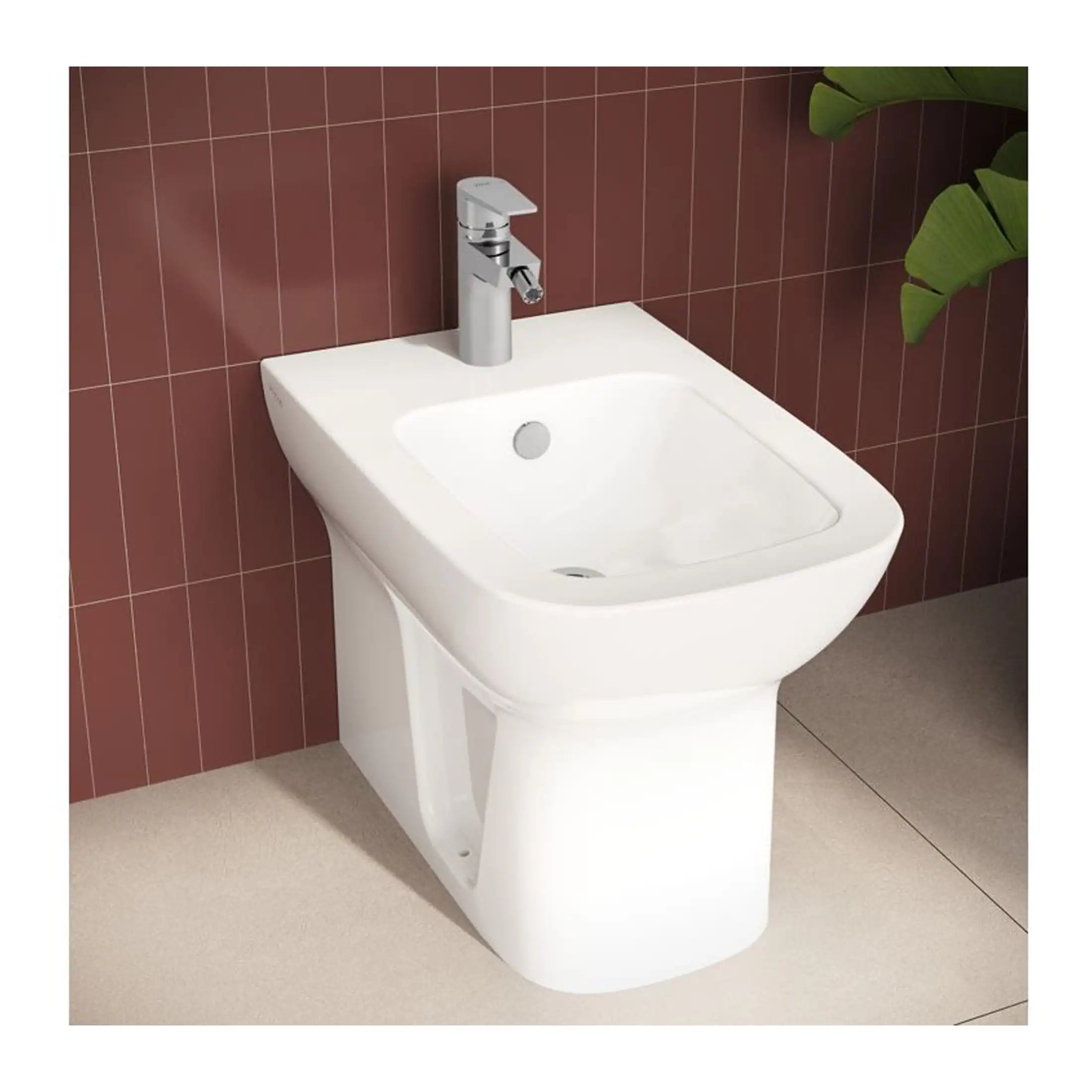 Sleek white bathroom bidet with modern chrome faucet against a terracotta tiled wall, designed for comfort and hygiene in contemporary bathroom interiors.