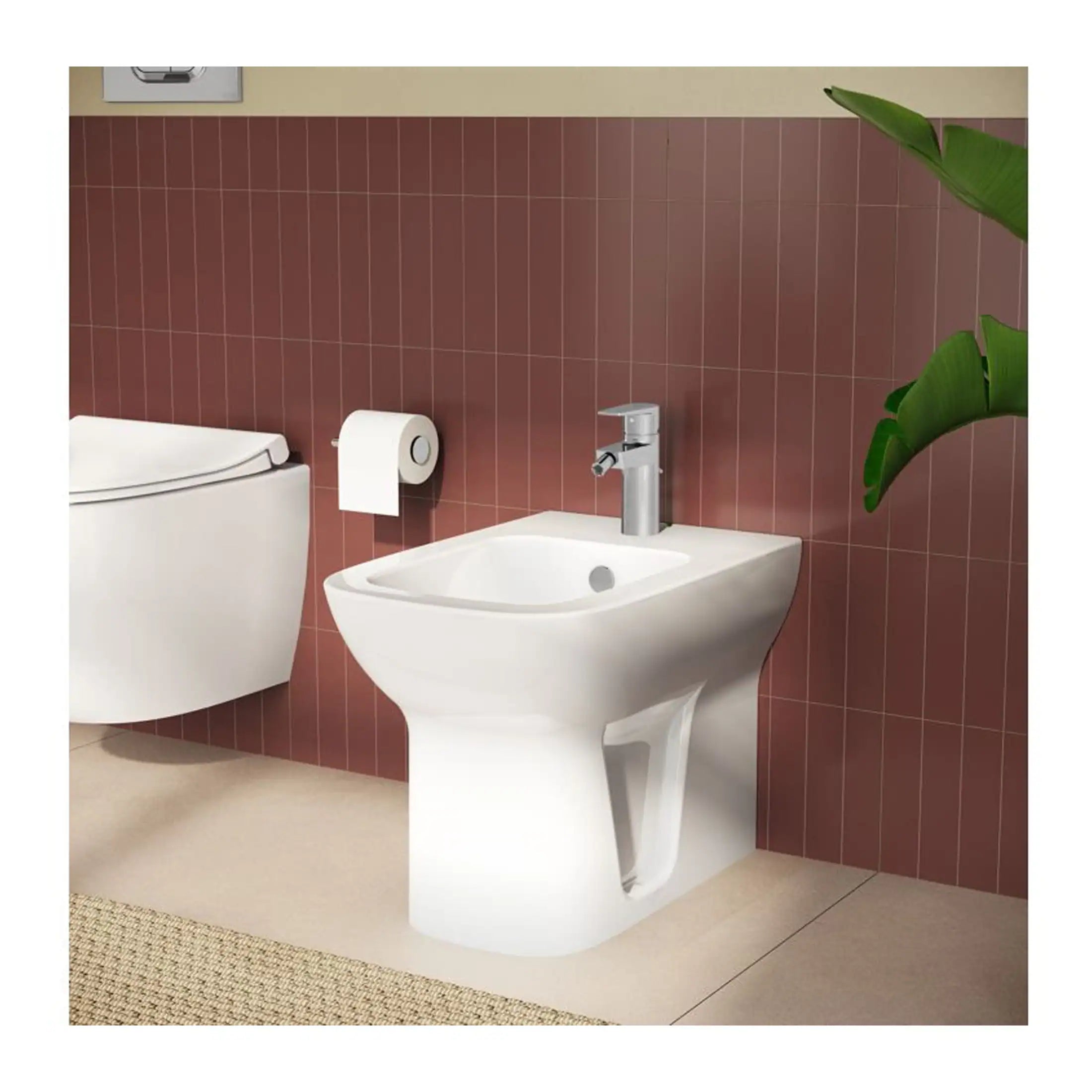 Comfortable white bathroom bidet with sleek faucet, positioned next to a modern toilet and wall-mounted toilet paper holder in a stylish bathroom setting.