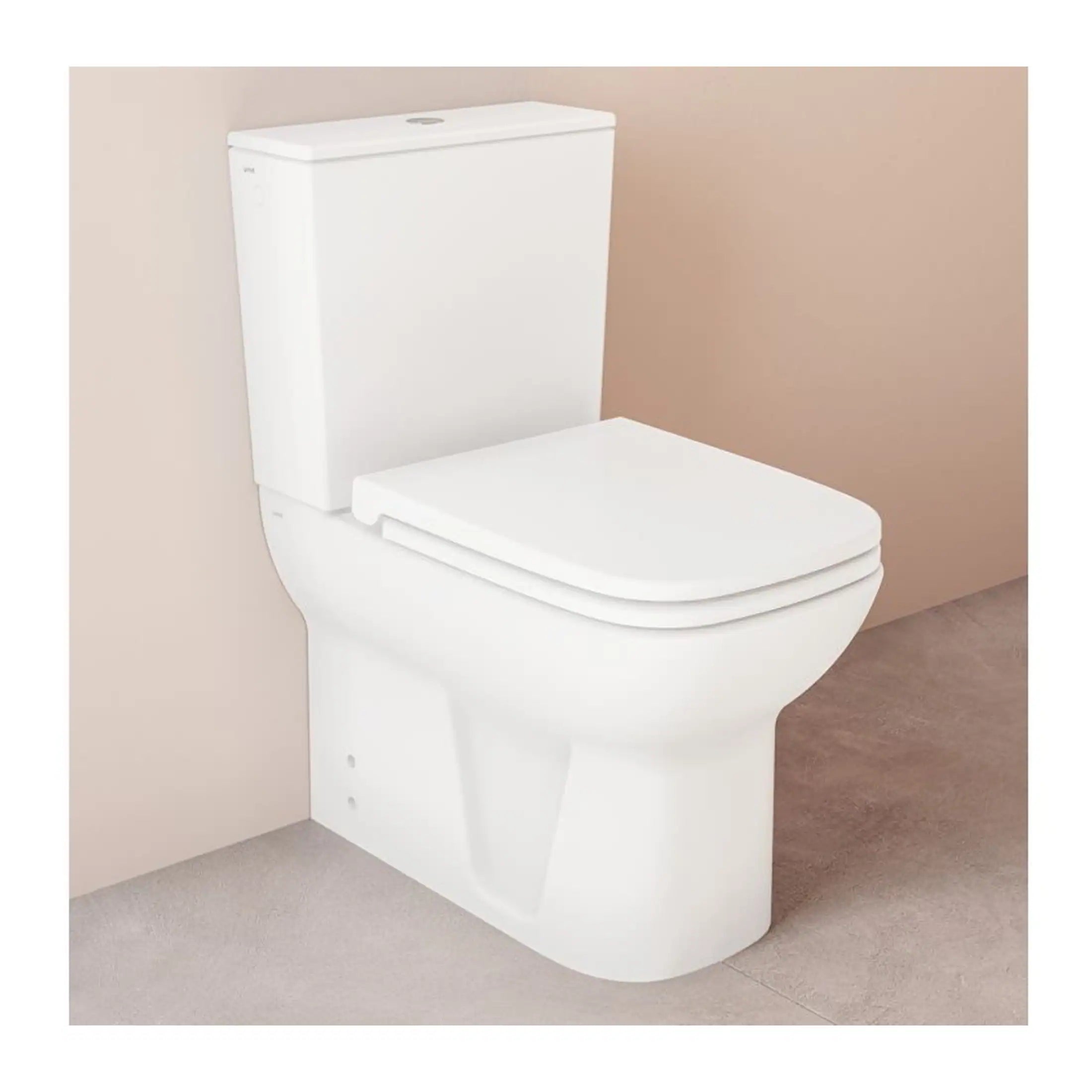 Modern white toilet with dual-flush system, exemplifying contemporary bathroom design and eco-friendly water-saving technology.