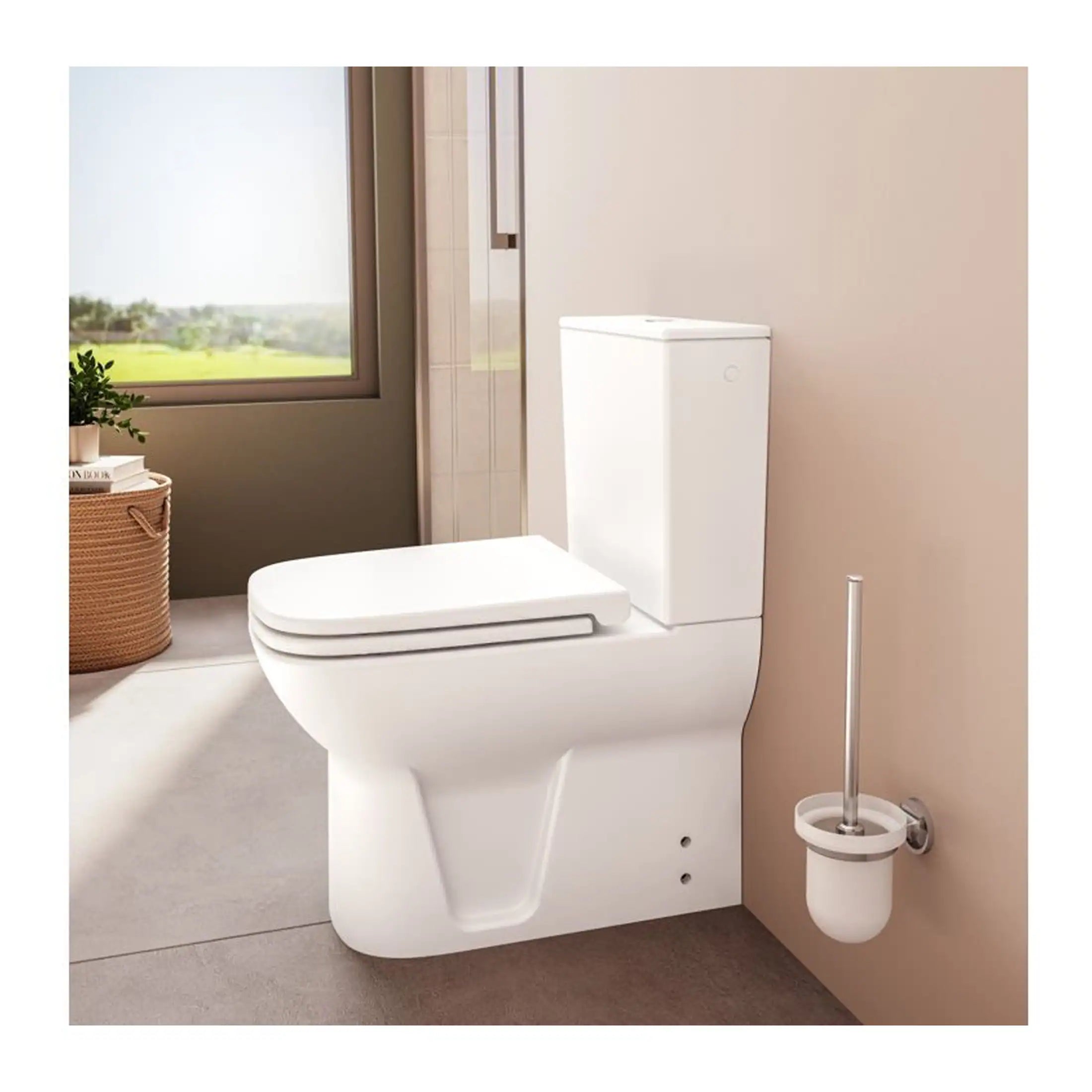 Toilet with integrated bidet and dual flush system in a modern bathroom setting, featuring a sleek white design, soft-close seat, and contemporary fixtures for enhanced hygiene and comfort.