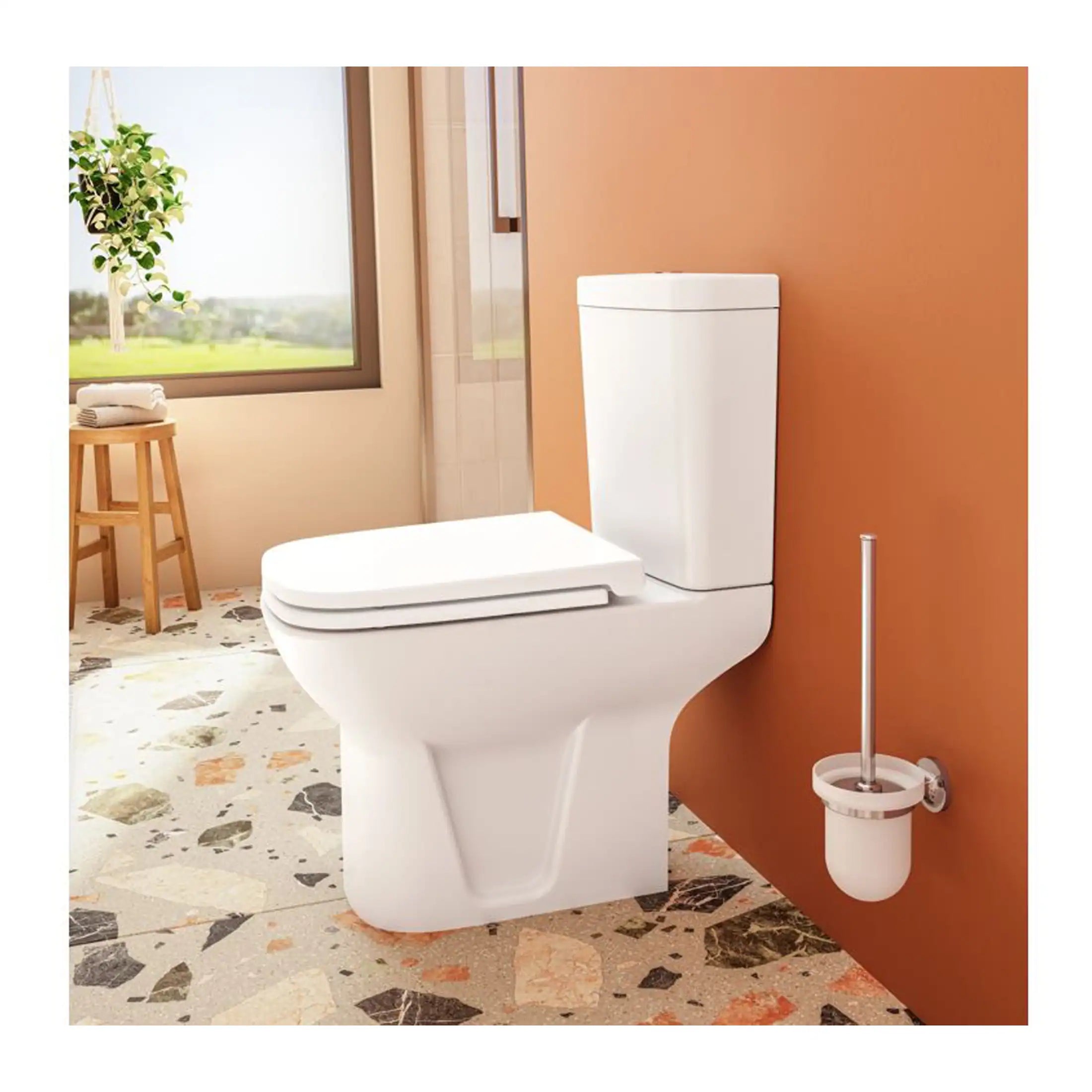 Sleek modern white toilet with dual flush system in contemporary bathroom setting, featuring natural light from large window and stylish decor.