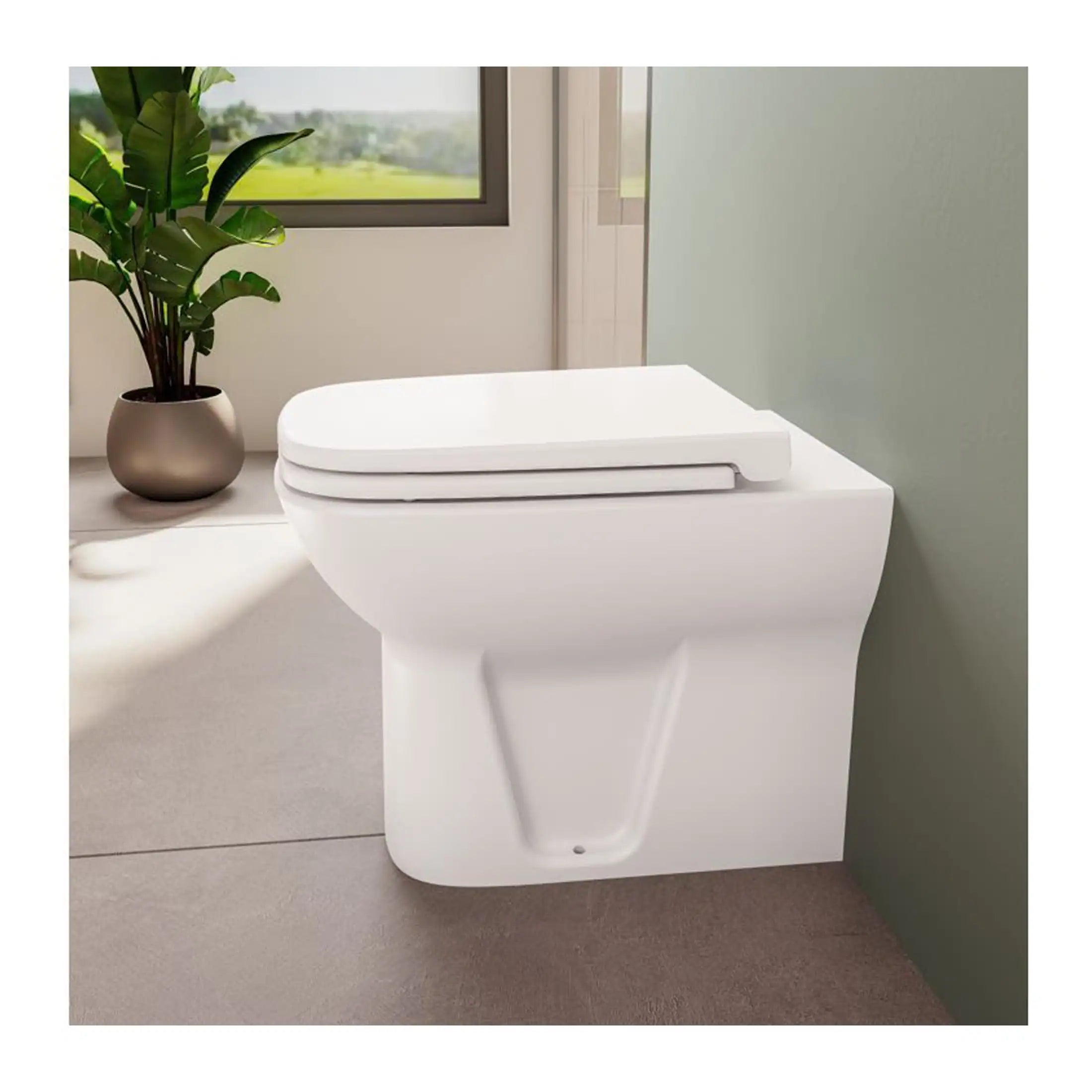 Toilet with modern design and soft-close lid, perfect for contemporary bathrooms. Fully functional and stylish, combining comfort, hygiene, and elegance in bathroom fixtures.