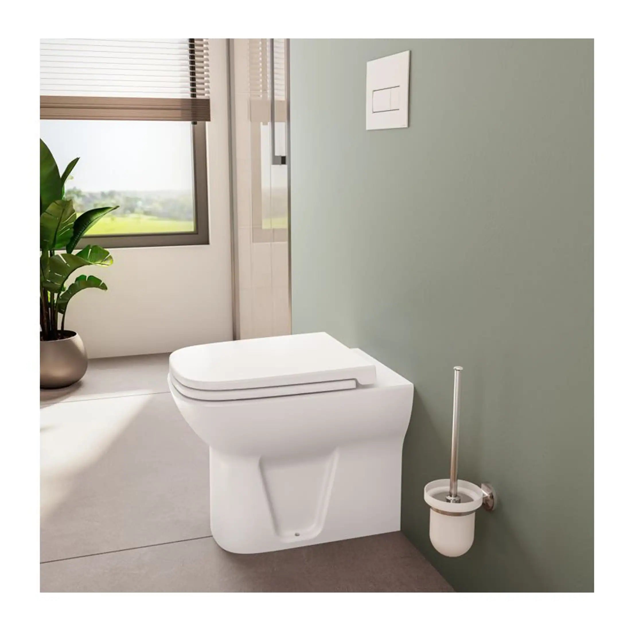 Flush toilet with modern design in a contemporary bathroom with green wall and natural light. Featuring a toilet brush holder and a lush green plant for a fresh, clean bathroom atmosphere.