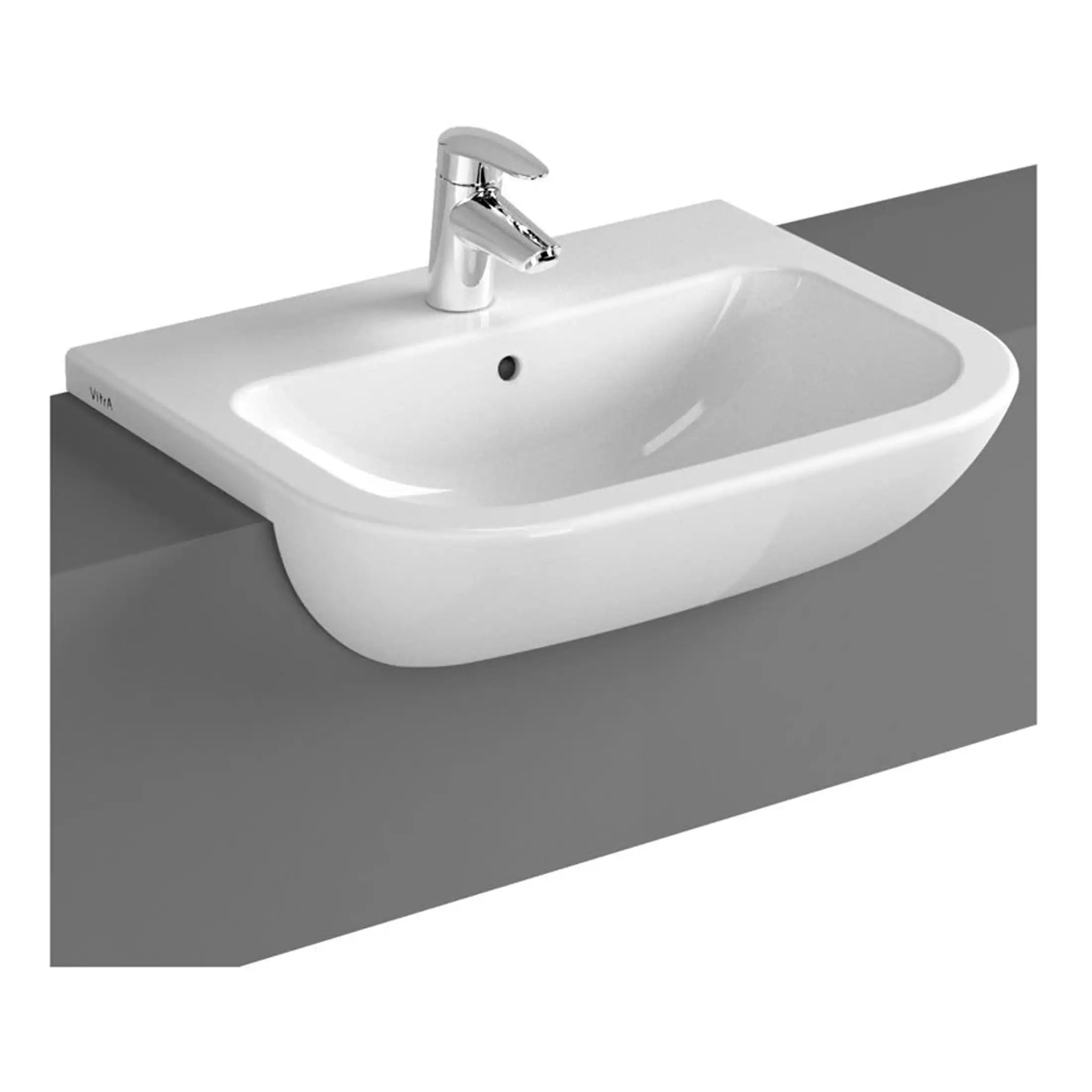 Sleek white wall-mounted bathroom sink with modern chrome faucet, ideal for contemporary bathroom designs. Durable ceramic fixture for stylish and functional bathroom decor.