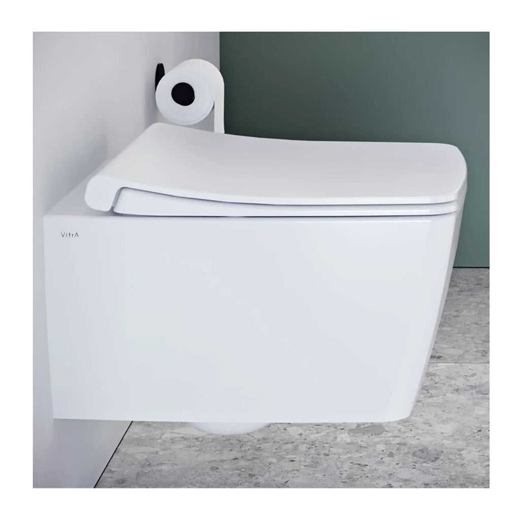 Contemporary white smart toilet with integrated bidet and soft-close lid, designed for modern bathrooms. Features advanced hygiene technology and minimalist aesthetic for bathroom renovation.