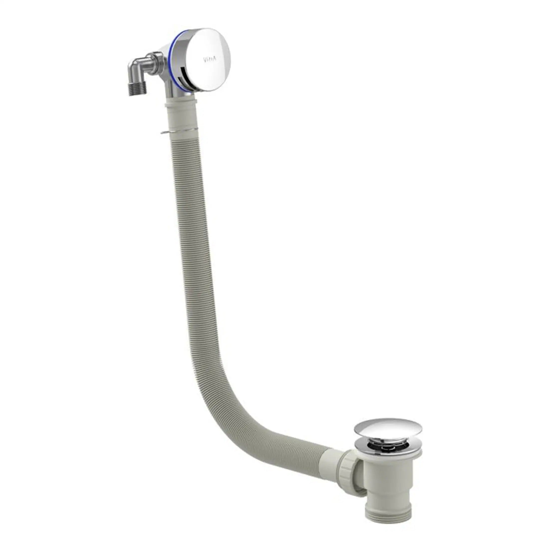Flexible white bathroom sink waste pipe with chrome drain cover for plumbing repair or replacement. Suitable for household bathroom basins and fixtures.