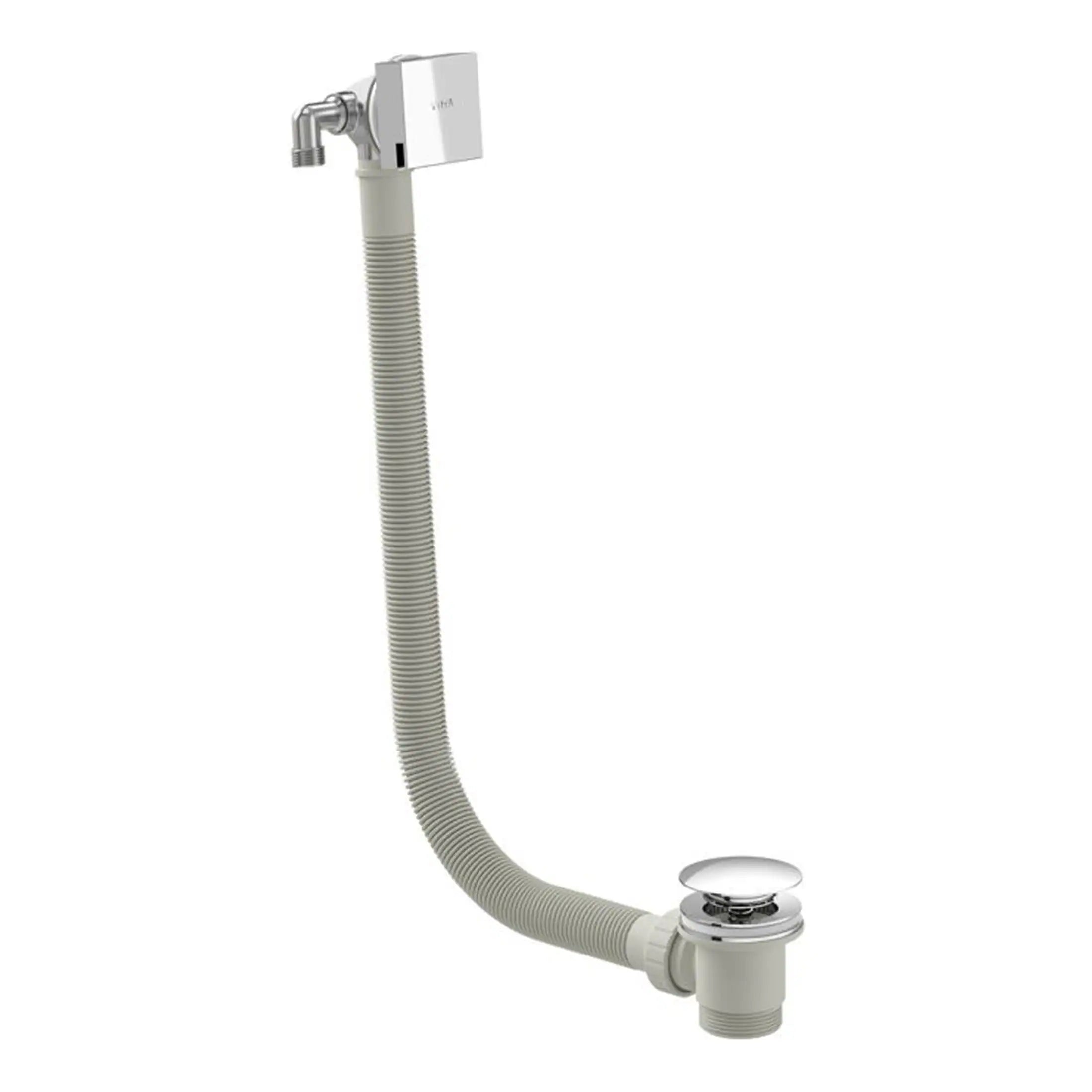 Flexible plastic sink waste pipe with chrome drain cover for bathroom plumbing repair and installation.