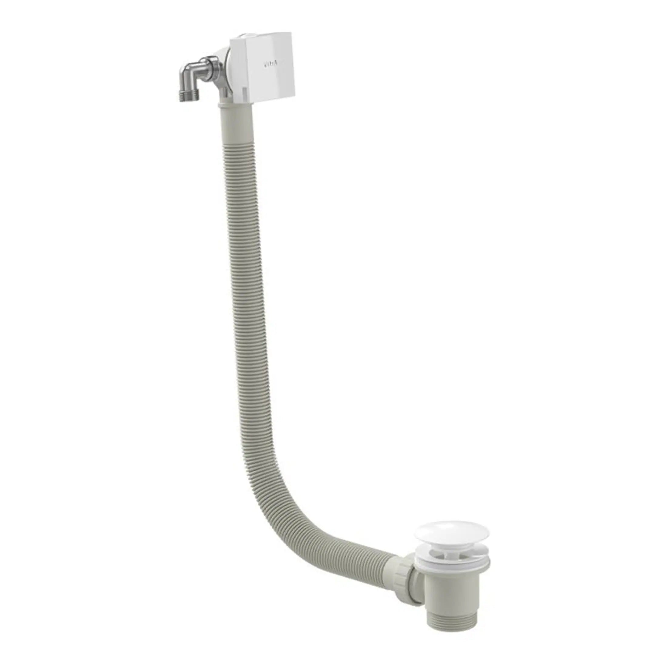 Flexible bathroom drain pipe with slip joint and plug for bathroom sink drainage systems. Durable, high-quality material suitable for modern bathroom renovations and plumbing installations.