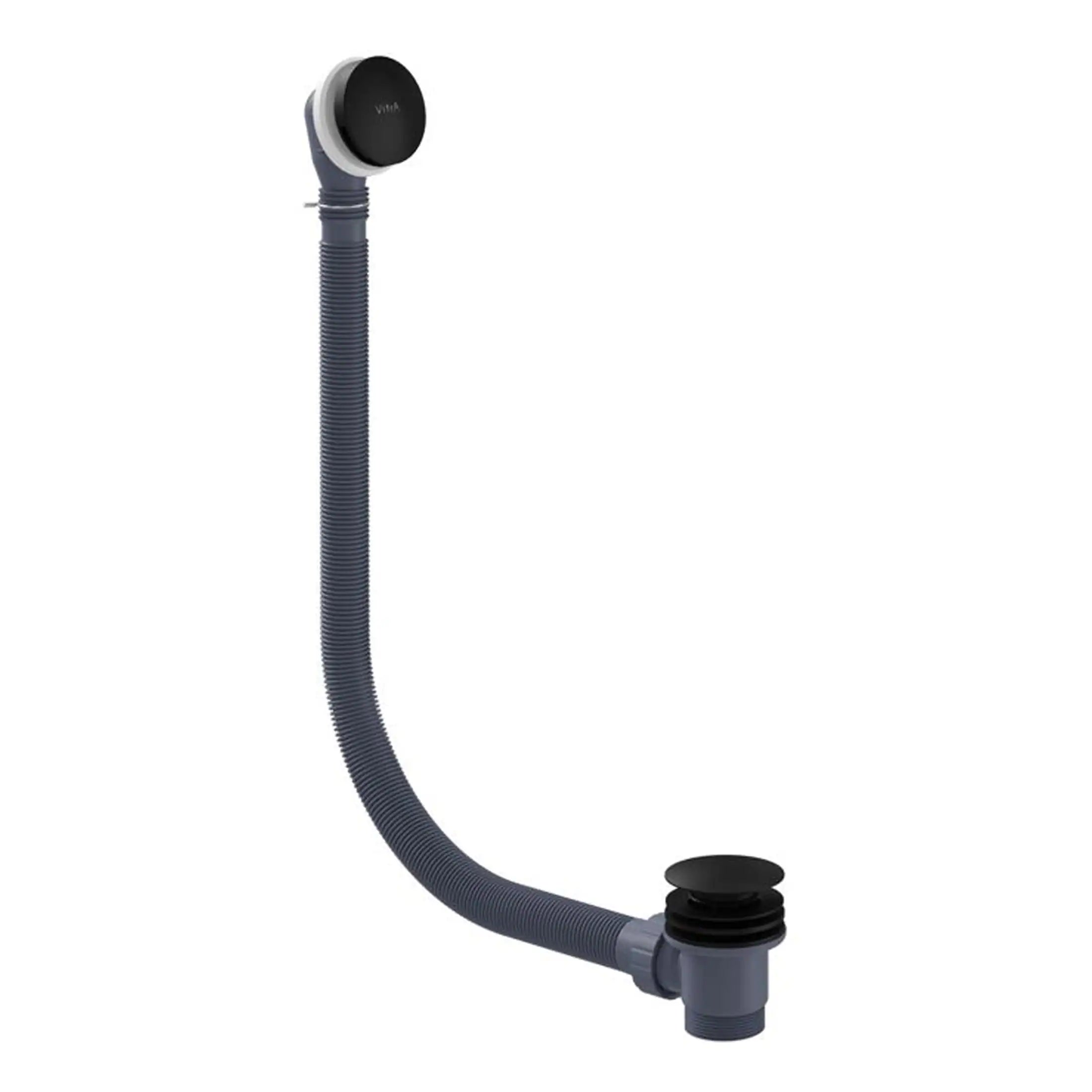 Flexible bathroom sink waste pipe with grey PVC construction and integrated plug, ideal for modern bathroom fixtures and plumbing repairs.